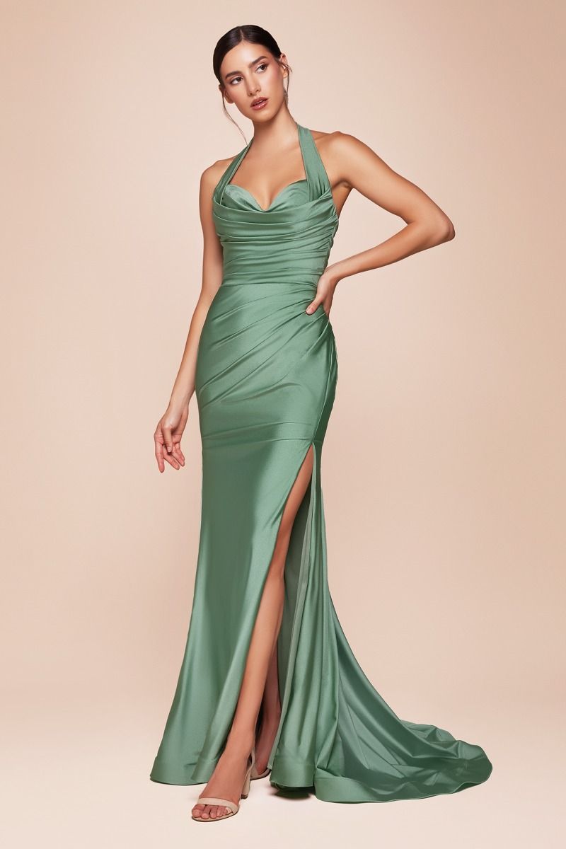 Dark Sage Stretch Spandex Satin Halter Fitted Dress - Elegant Autumn Gown for Evening Parties & Special Occasions