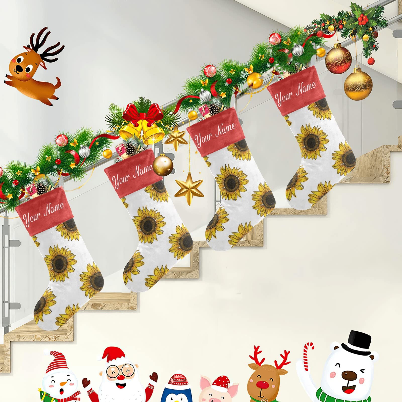 Personalized Floral Sunflower Christmas Stockings - Custom Name Holiday Socks for Family Party Decor (17.52 x 7.87 Inch) - Perfect for Fireplace Mantel, Gift Exchange & Festive Home Decoration