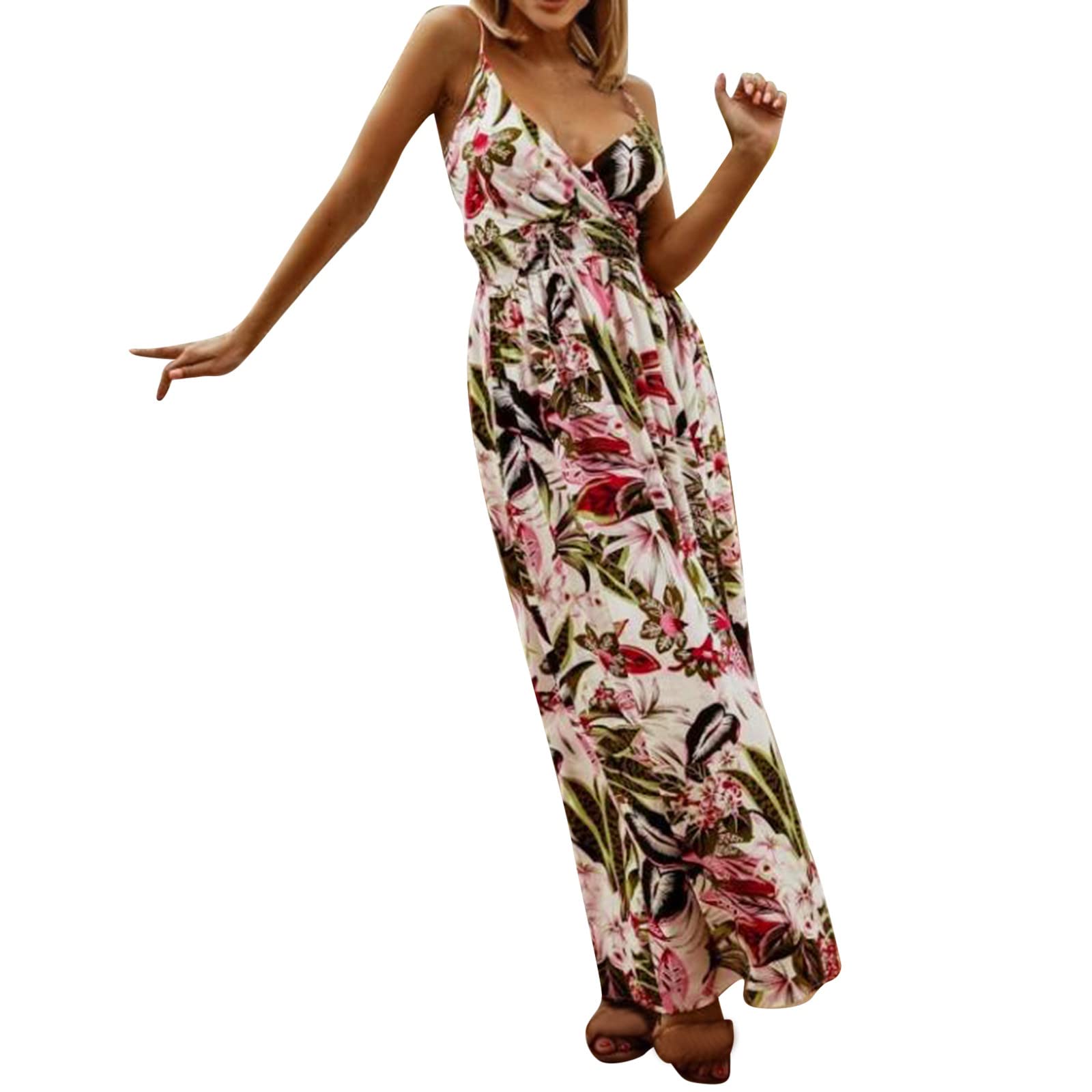 Women's Summer Maxi Dresses 2022 - Casual Floral V-Neck Sleeveless Flowy Ruffle Dress for Spring & Summer | Beach Vacation, Date Night, Outdoor Party