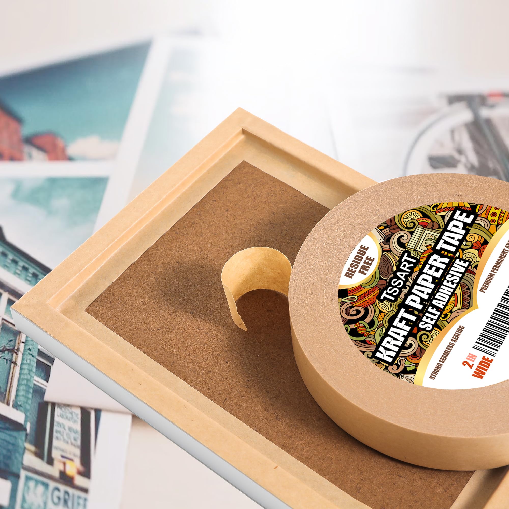 Kraft Paper Tape - 2 Inch Wide 180FT Long Self-Adhesive Brown Packing Tape for Picture Framing, Masking, Sealing & Packaging | Oxidation Resistant & Durable | Perfect for Arts & Crafts, Shipping Boxes & Home Organization