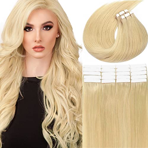 Loxxy Remy Human Hair Tape in Extensions - Seamless Skin Weft, Natural Thick Blonde Bleach #613 - Double Sided Tape Hair Extensions (20 Pieces, 50g/Pack, 18 Inch) - Perfect for Daily Wear, Parties & Special Occasions