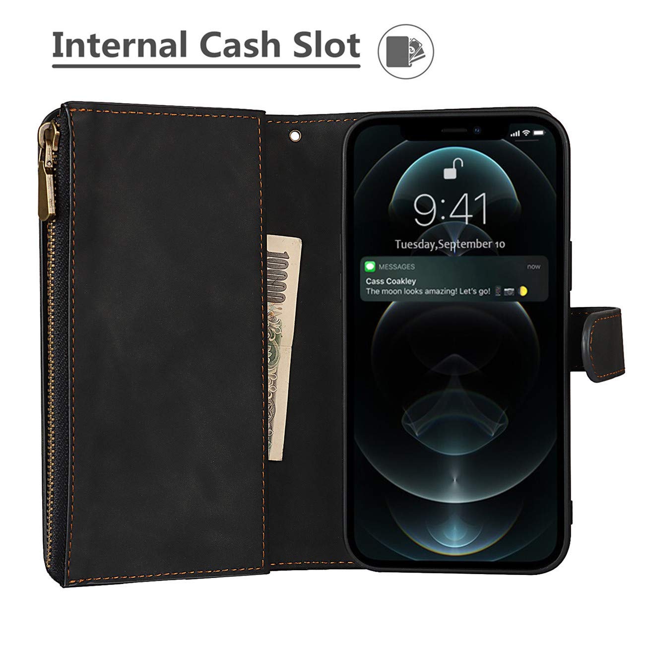 Premium PU Leather iPhone 12/12 Pro Wallet Case with Card Holder & Magnetic Clasp - 2-in-1 Shockproof Flip Cover with Detachable Wrist Strap & Zipper Pocket (Black) - Perfect for Everyday Use, Travel & Hands-Free Convenience