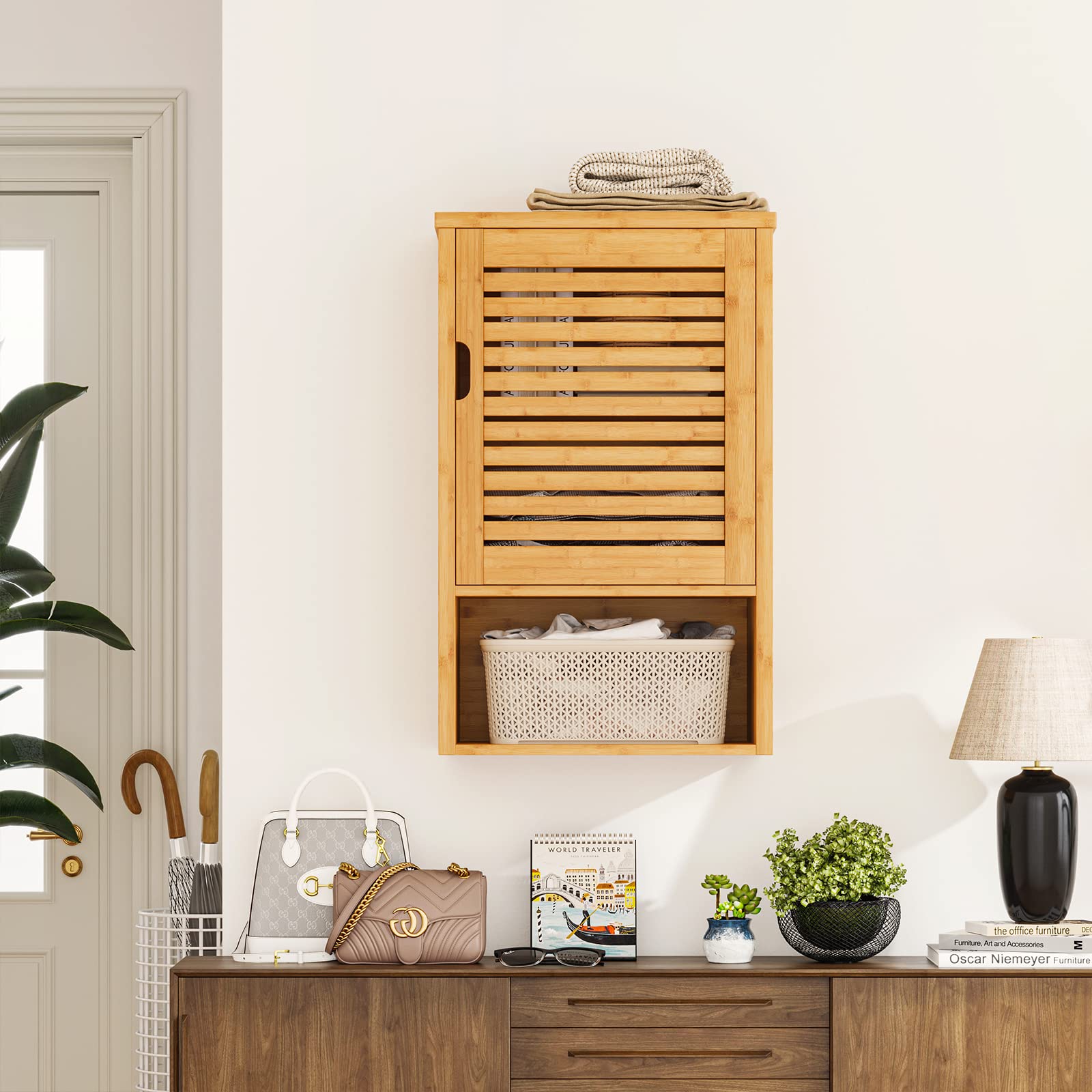 VIAGDO Wooden Bathroom Wall Cabinet - Single Door Medicine Storage with Adjustable Shelf, Bamboo Over The Toilet Hanging Cupboard (15.7’’L x 7.8’’W x 23.6’’H) - Perfect for Small Bathrooms, Powder Rooms & Apartment Storage Solutions