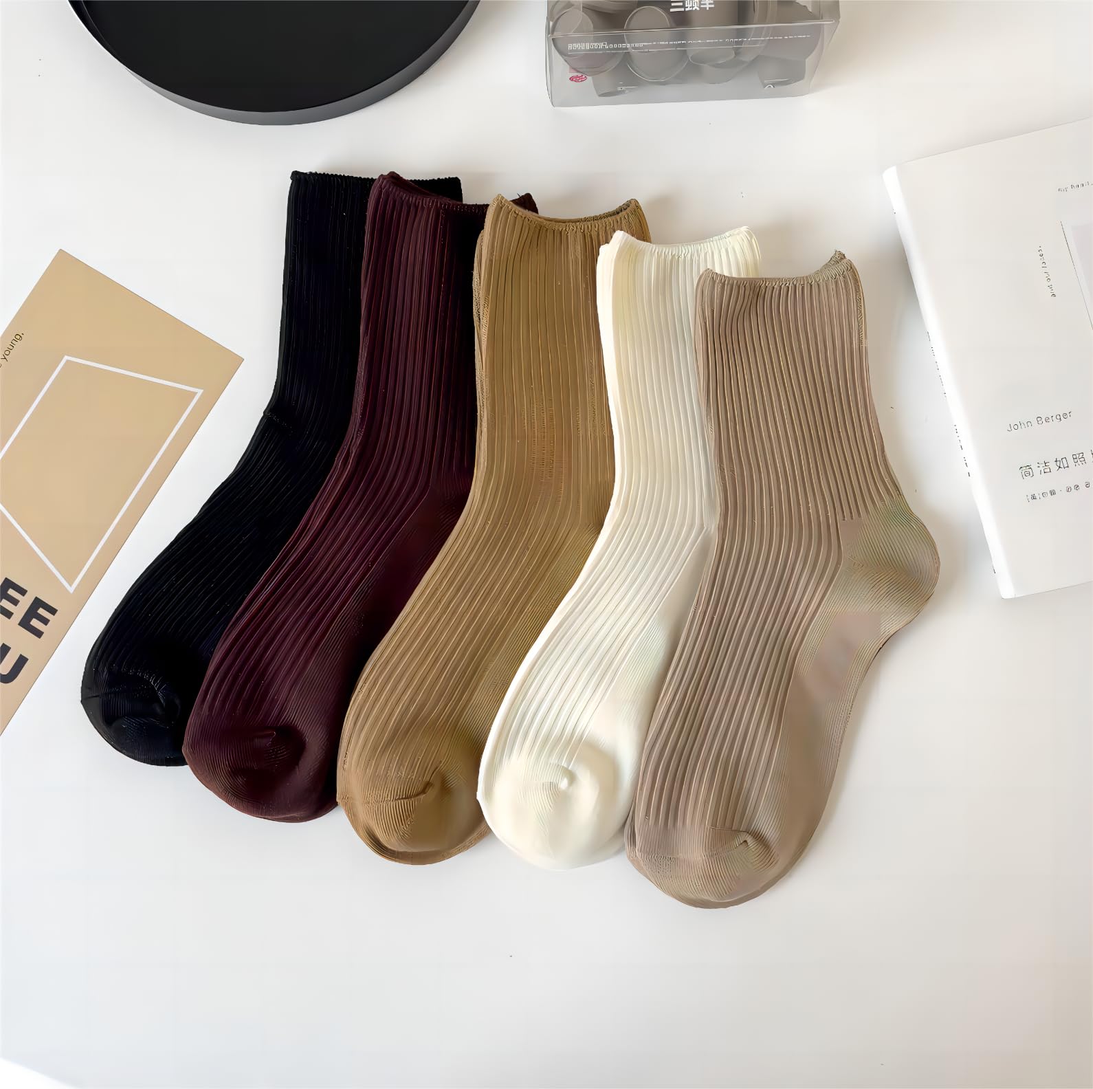 Women's Solid Striped Textured Ribbed Knit Crew Socks - 5 Pairs Soft Thin Cotton Breathable Casual Socks for Business & Daily Wear - Perfect for Office, Travel and Home Comfort