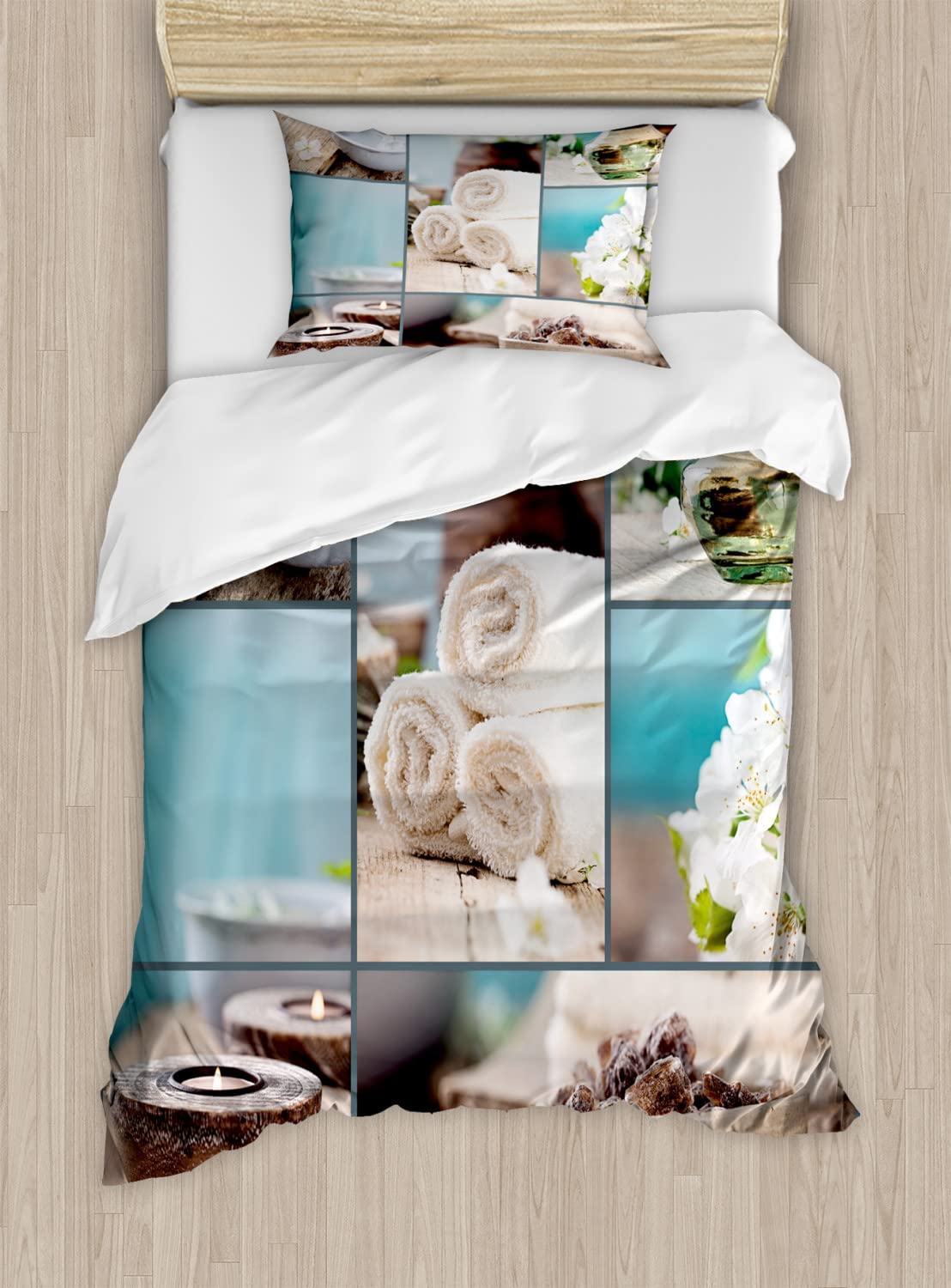Ambesonne Spa Duvet Cover Set - Far East Massage Theme with Oils, Candles & Floral Print | 2-Pack Queen Size Blue & White Bedding Set | Includes 2 Duvet Covers & 4 Pillowcases | Perfect for Relaxing Spa Nights & Asian-Inspired Bedroom Decor