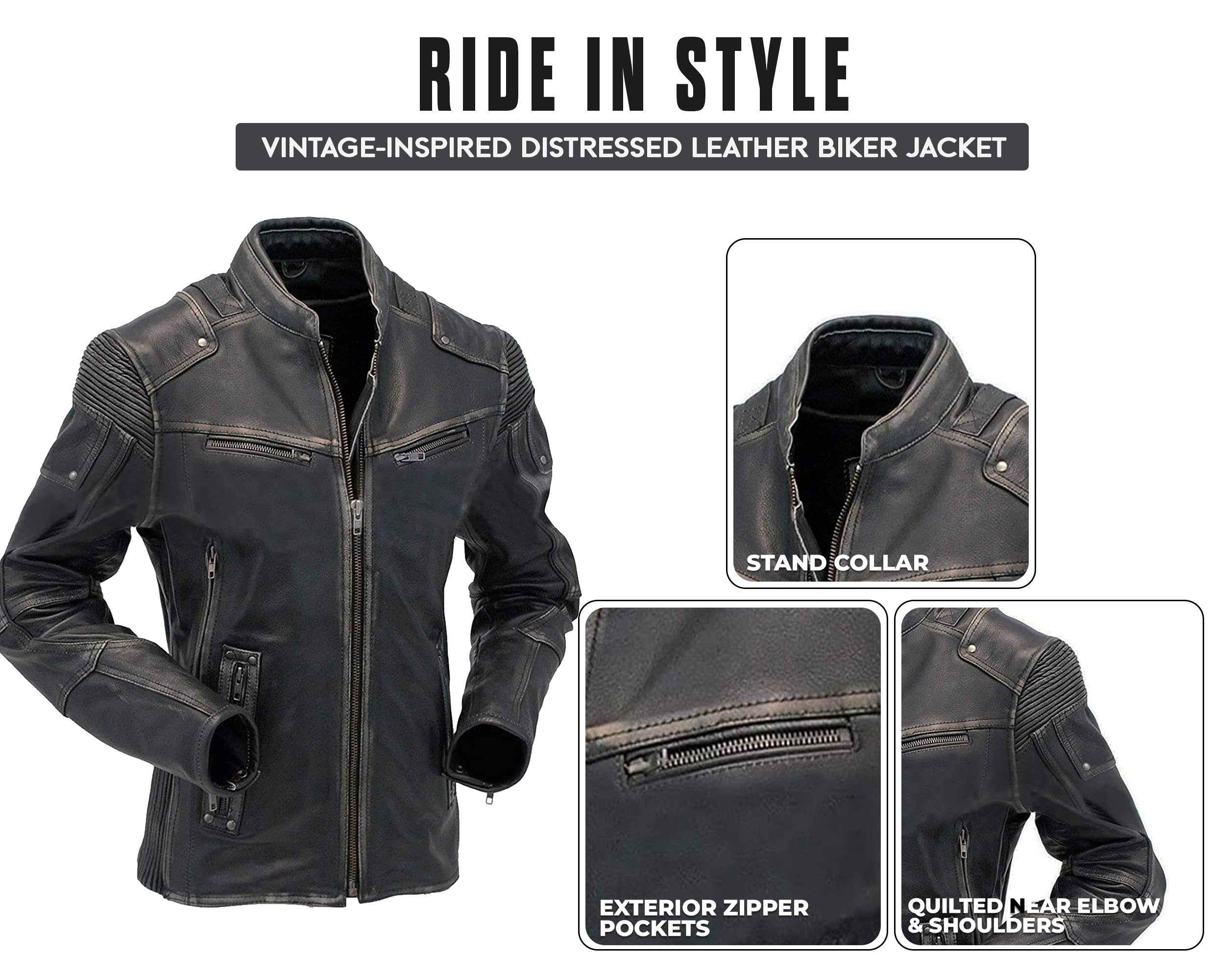 Men's Black Leather Jacket - Genuine Lambskin Cafe Racer Motorcycle Jacket with Distressed Look | Perfect for Bikers, Casual Wear & Night Out