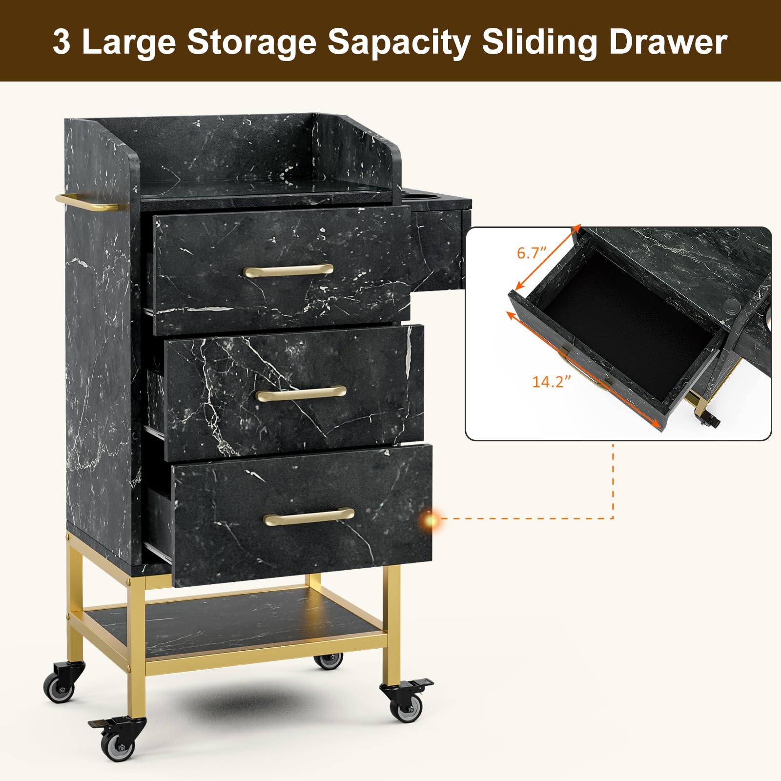 Professional Beauty Salon Storage Trolley Cart with Lockable Wheels - Black Marble Glass Top Hair Stylist Station Cabinet with Drawers - Ideal for Salon Organization, Barber Shop Furniture & Mobile Styling Workstations