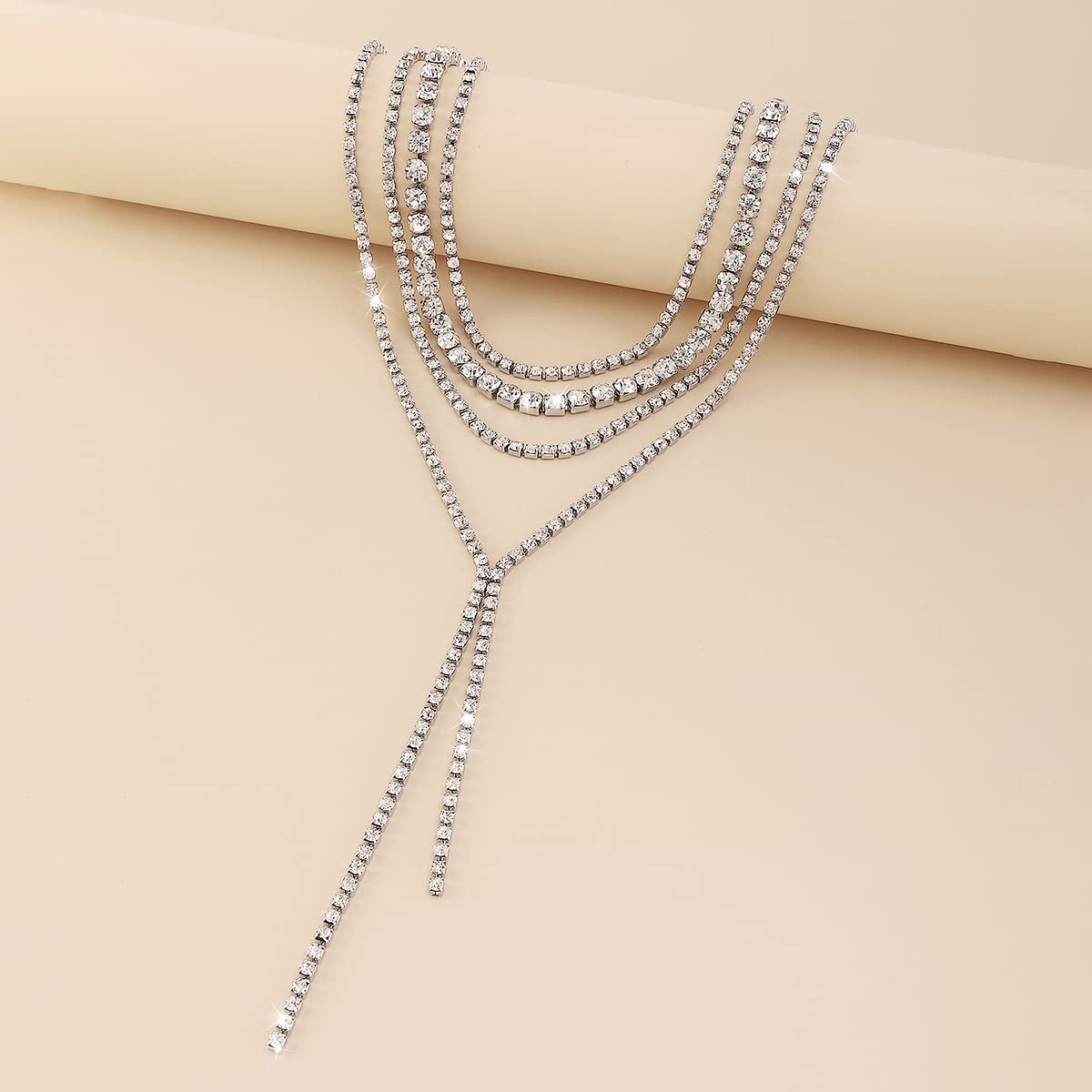 Missgrace 4 Tier Sexy Shiny Layered Y Long Choker Necklaces - Rhinestone Crystal Chain Sparkly Statement Necklace for Women - Perfect for Parties, Weddings, Date Nights & Special Occasions