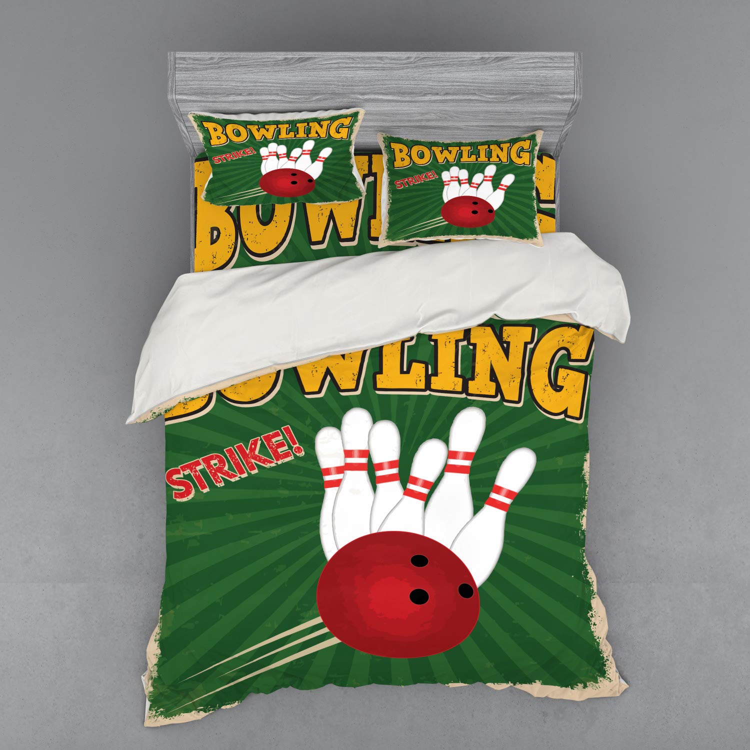 Ambesonne Vintage Bowling Balls & Pins Duvet Cover Set - 4 Piece Queen Size Bedding with Shams & Fitted Sheet - Western Sport Hobby Design for Cozy Bedroom Decor - Perfect for Bowling Enthusiasts & Retro Home Styling