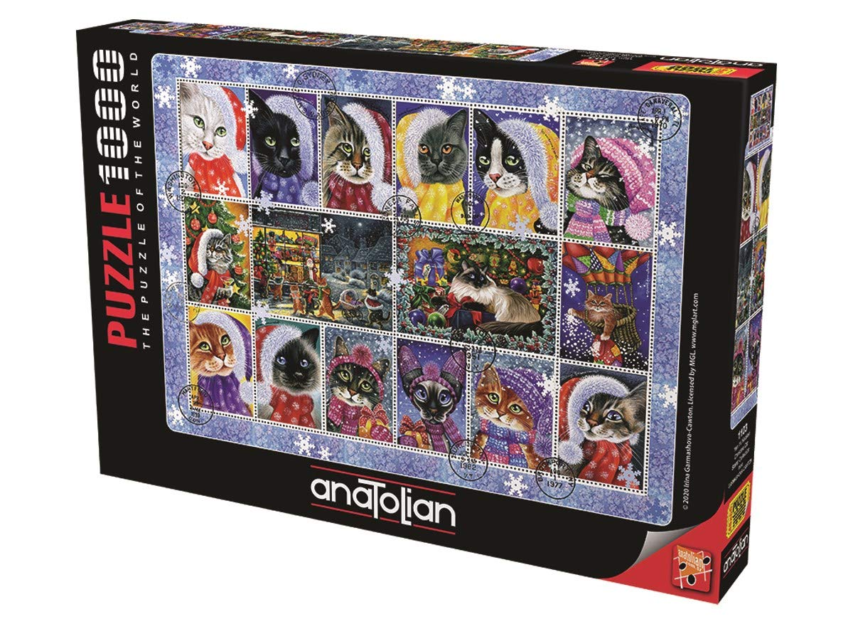 1000 Piece Jigsaw Puzzle - Anatolian Christmas Cat Stamp Collection #1103 | Fun Holiday Activity & Family Game Night
