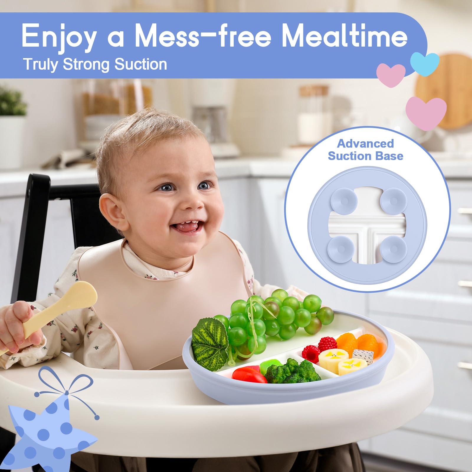 Domensi 2-Pack 8 Inch Divided Porcelain Plates for Kids with Anti-Slip Silicone Sleeve & Suction Base - Microwave & Dishwasher Safe - Blue & Green - Perfect for Toddler Meals, Snacks & Learning to Eat Independently
