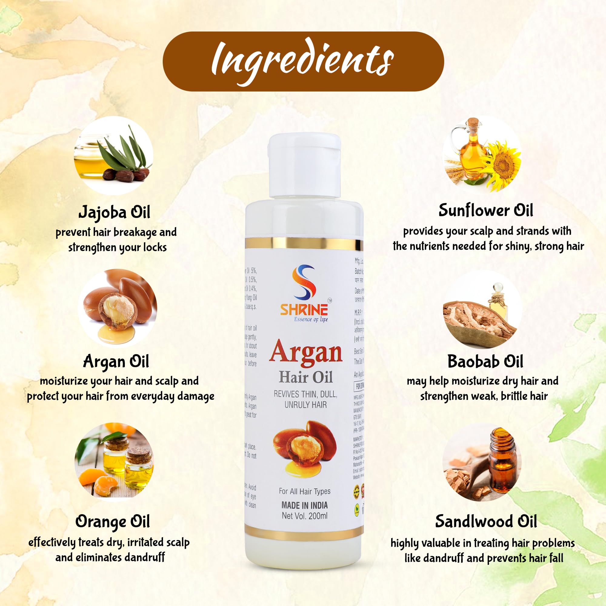 Premium Shrine Argan Hair Oil 200ml - Natural Hair Growth Treatment for Men & Women - Strengthens Dry, Damaged Hair & Reduces Hair Fall - Multi-Purpose Hair Care Oil for Daily Use, Styling & Scalp Massage