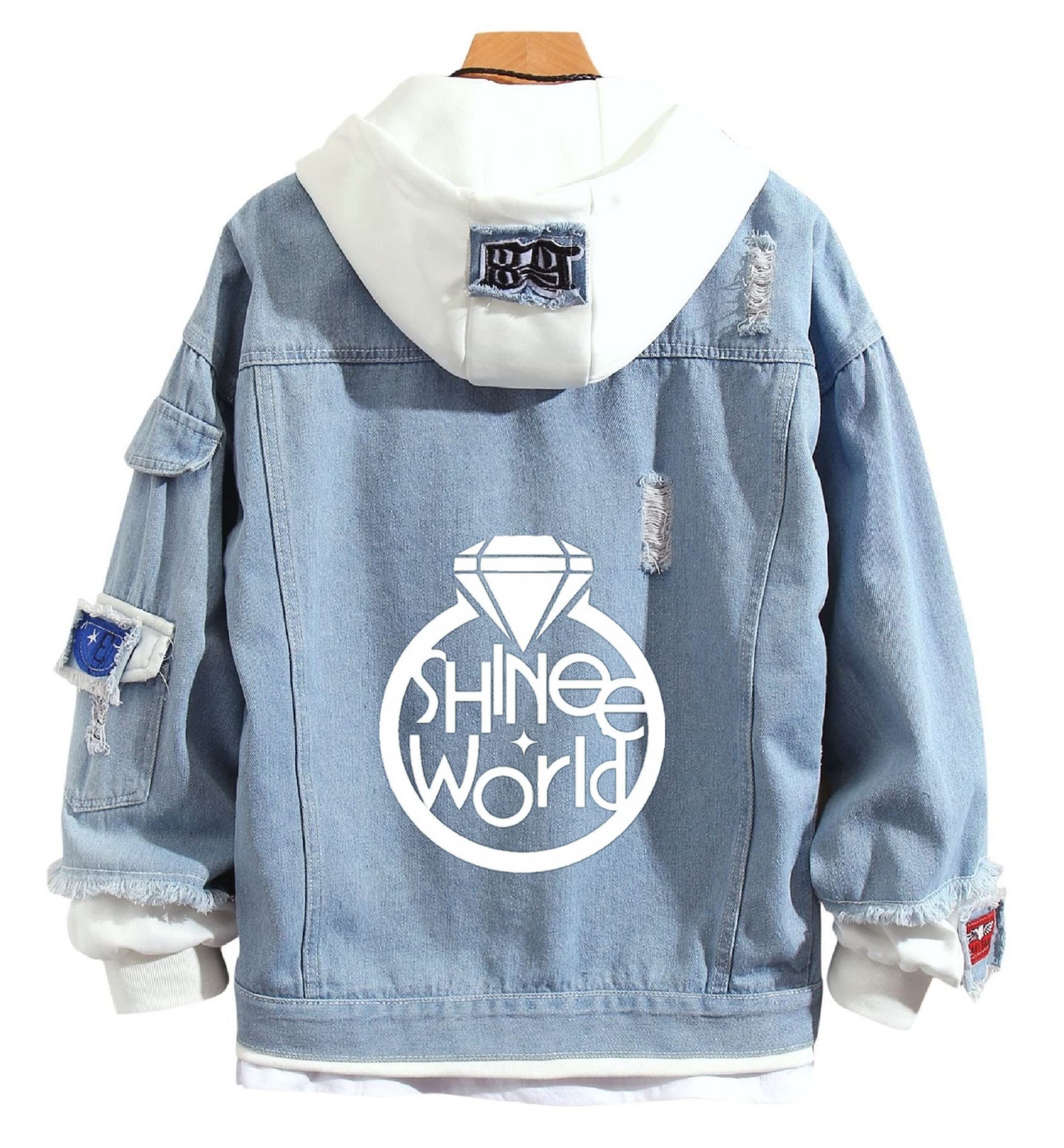 JUSTGOGO Denim Jacket Hoodie - Fleece Lined Sweatshirt for SHINee Fans | K-Pop Concert Outfit & Casual Streetwear