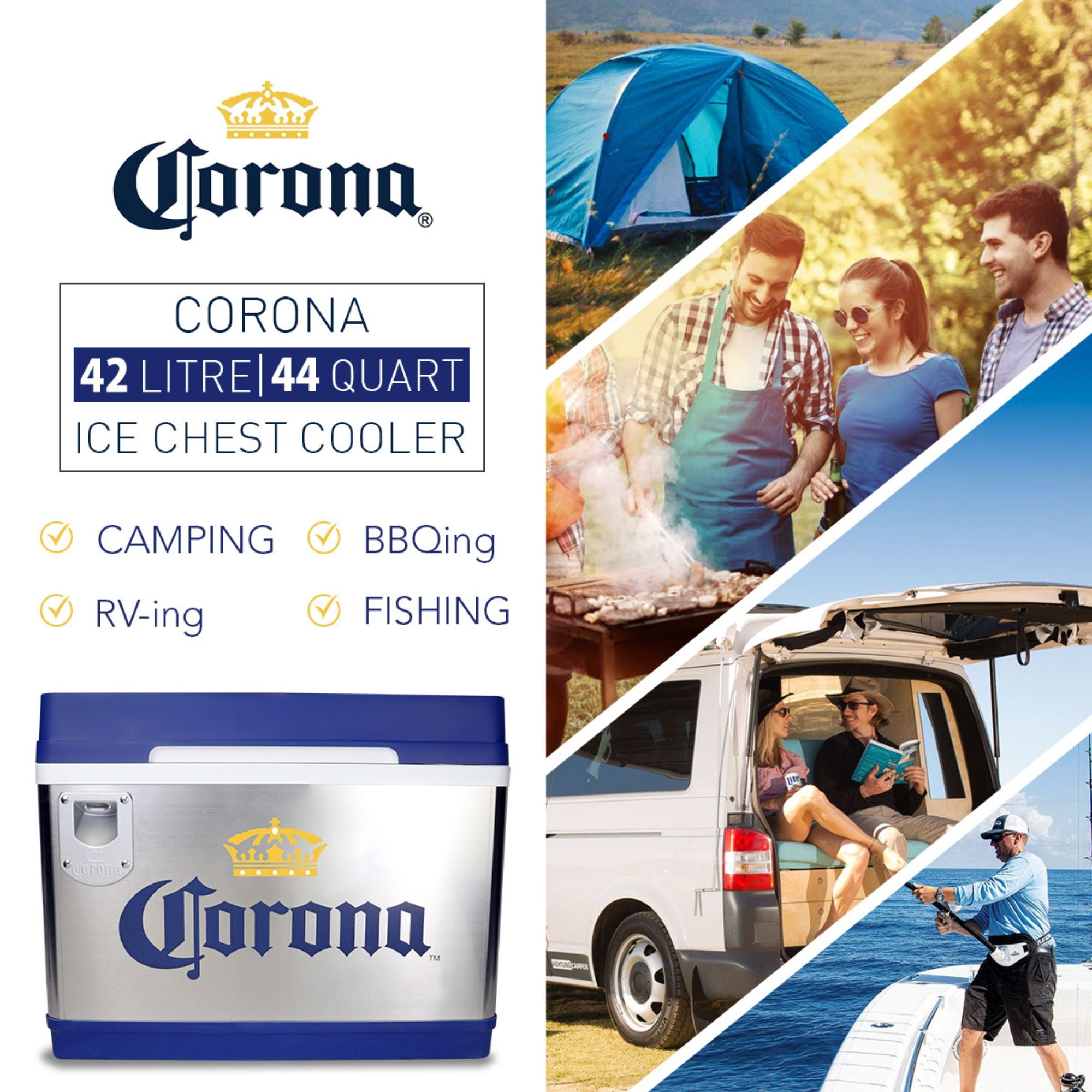 12V Thermoelectric Cooler - 42L (44 qt) Portable Car Fridge with Bottle Opener | 24 Bottle Capacity | Dual Power (12V DC & 110V AC) | Silver & Blue | Perfect for Road Trips, Beach Days, RV Camping & Outdoor BBQs