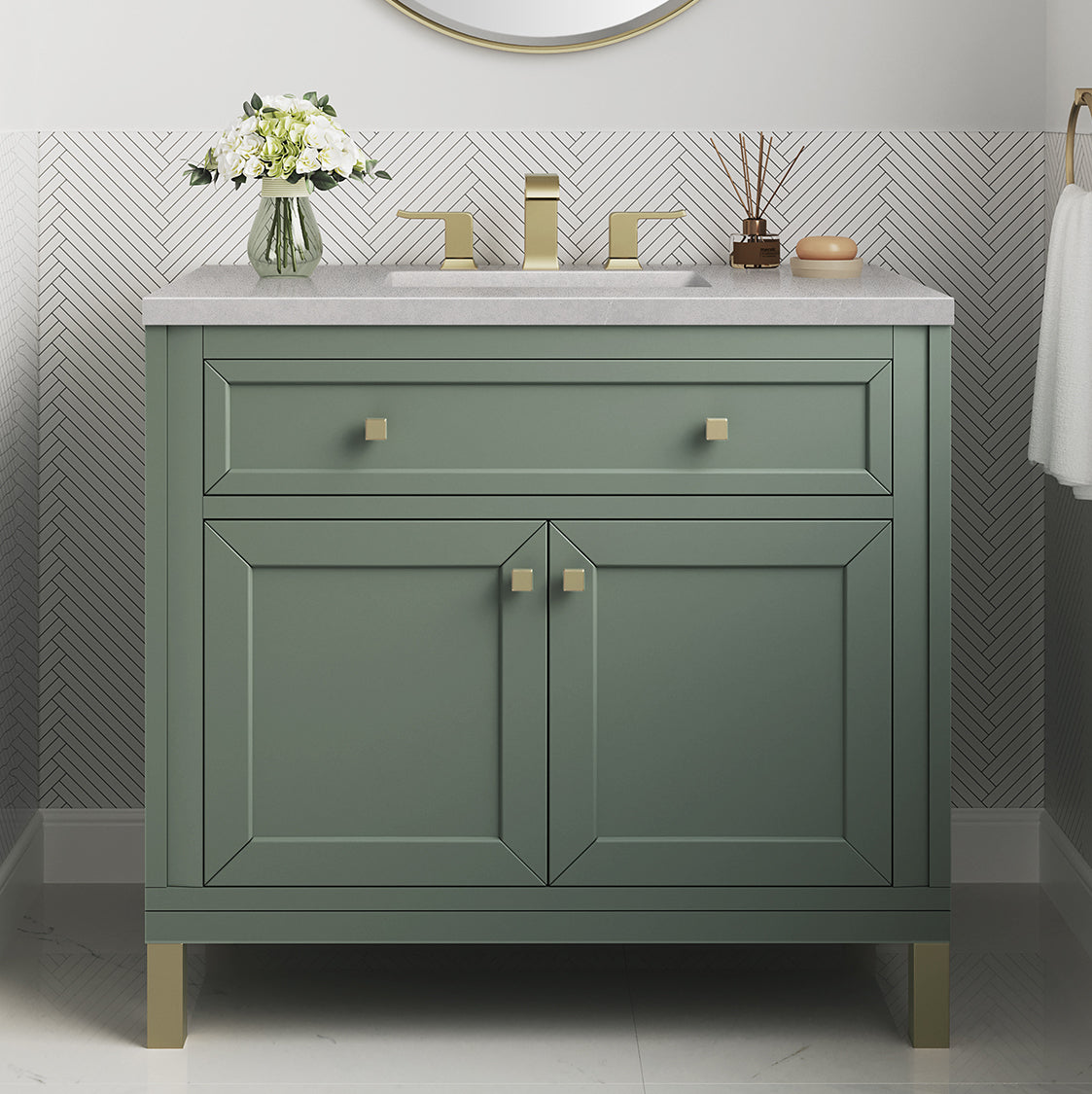 James Martin Vanities Chicago Collection 36 Inch Single Bathroom Vanity in Smokey Celadon with Countertop Options - Modern Farmhouse Style for Small Bathrooms & Powder Rooms
