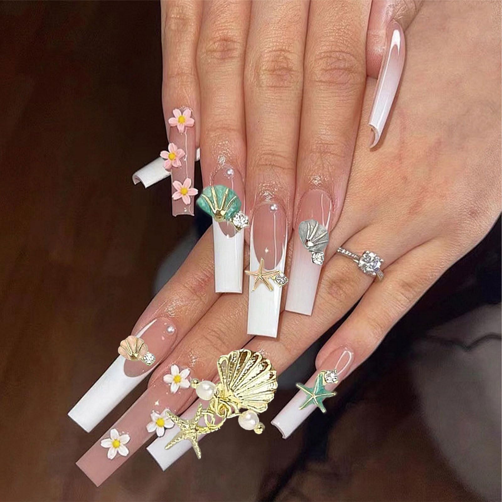 32PCS 3D Summer Beach Nail Art Charms - Rhinestones, Shells, Starfish & Fishtail Alloy Studs for Ocean Theme Manicure | DIY Nail Decoration Supplies for Summer Vacation, Beach Party & Nail Salon Designs