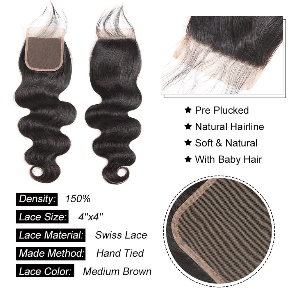 100% Brazilian Virgin Human Hair Bundles with Lace Closure - Body Wave Weave (16