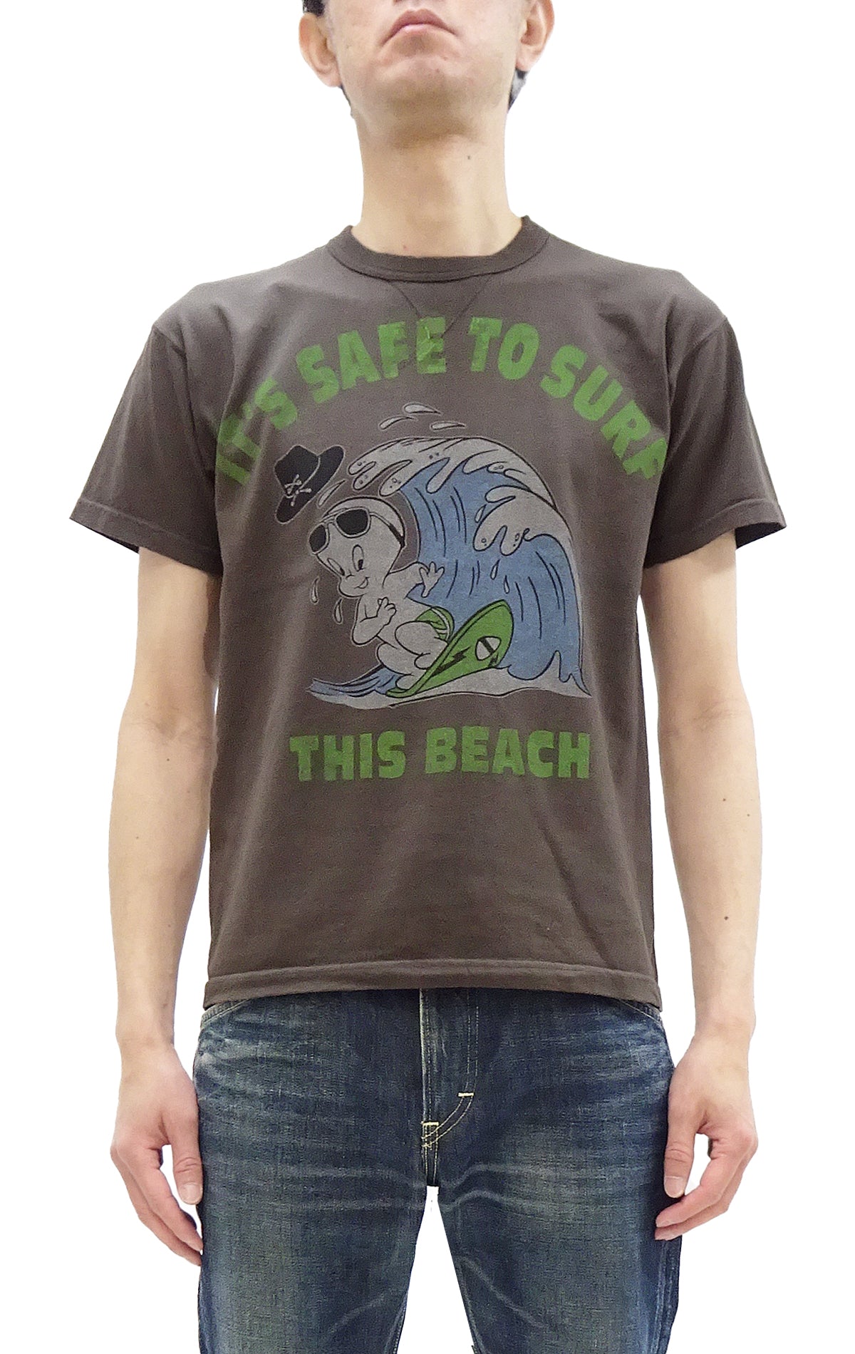 TOYS McCOY Men's Short Sleeve Graphic T-Shirt - Casper the Friendly Ghost Surfing Printed Tee | Loopwheel Fabric | Garment Dyed Faded Dark Charcoal | TMC2504-021 | Casual Wear, Surfing, Street Fashion