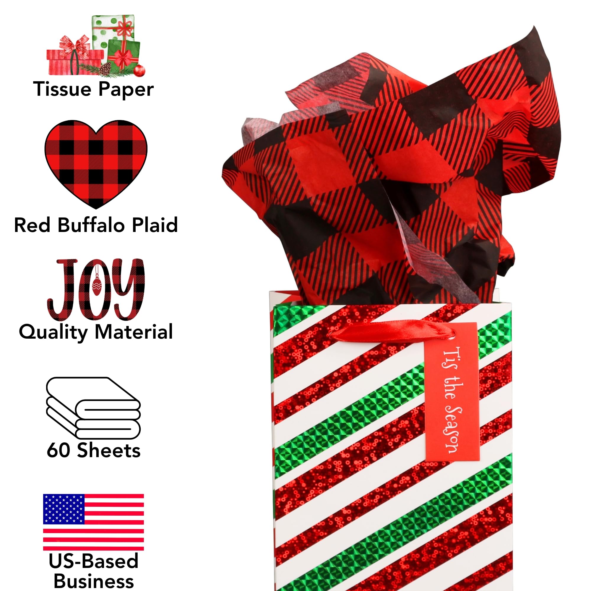 Iconikal Christmas Tissue Paper - Red Buffalo Plaid & Black Gingham Holiday Gift Wrap (20x20 Inches, 60 Sheets) for Present Wrapping, Party Decorations and Festive Crafts