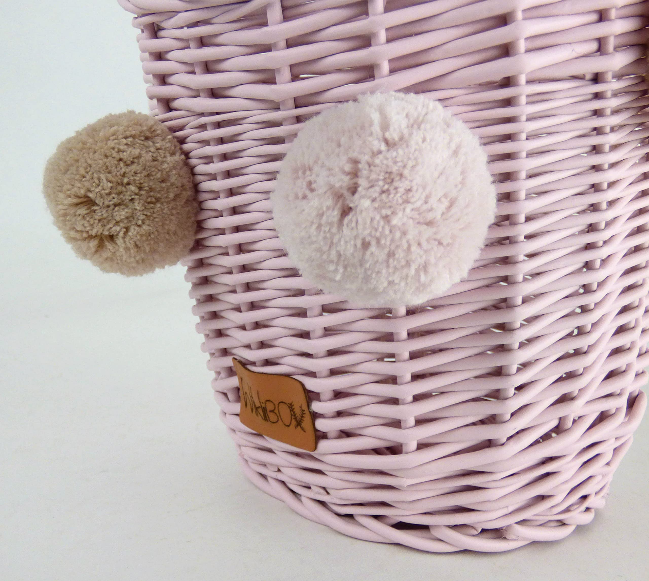 Handmade European Rattan Hanging Wall Basket with Pompoms - Decorative Wicker Storage for Nursery, Kitchen & Bathroom - Pink Boho Wall Decor for Baby Room, Farmhouse Style Home Organization