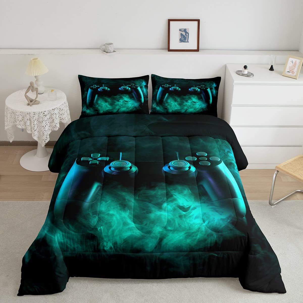 Erosebridal Twin Gaming Bedding Set for Boys - Green Gamer Comforter & Sheet Set - Perfect for Kids & Toddler Bedrooms, Gaming Room Decor & Sleepovers