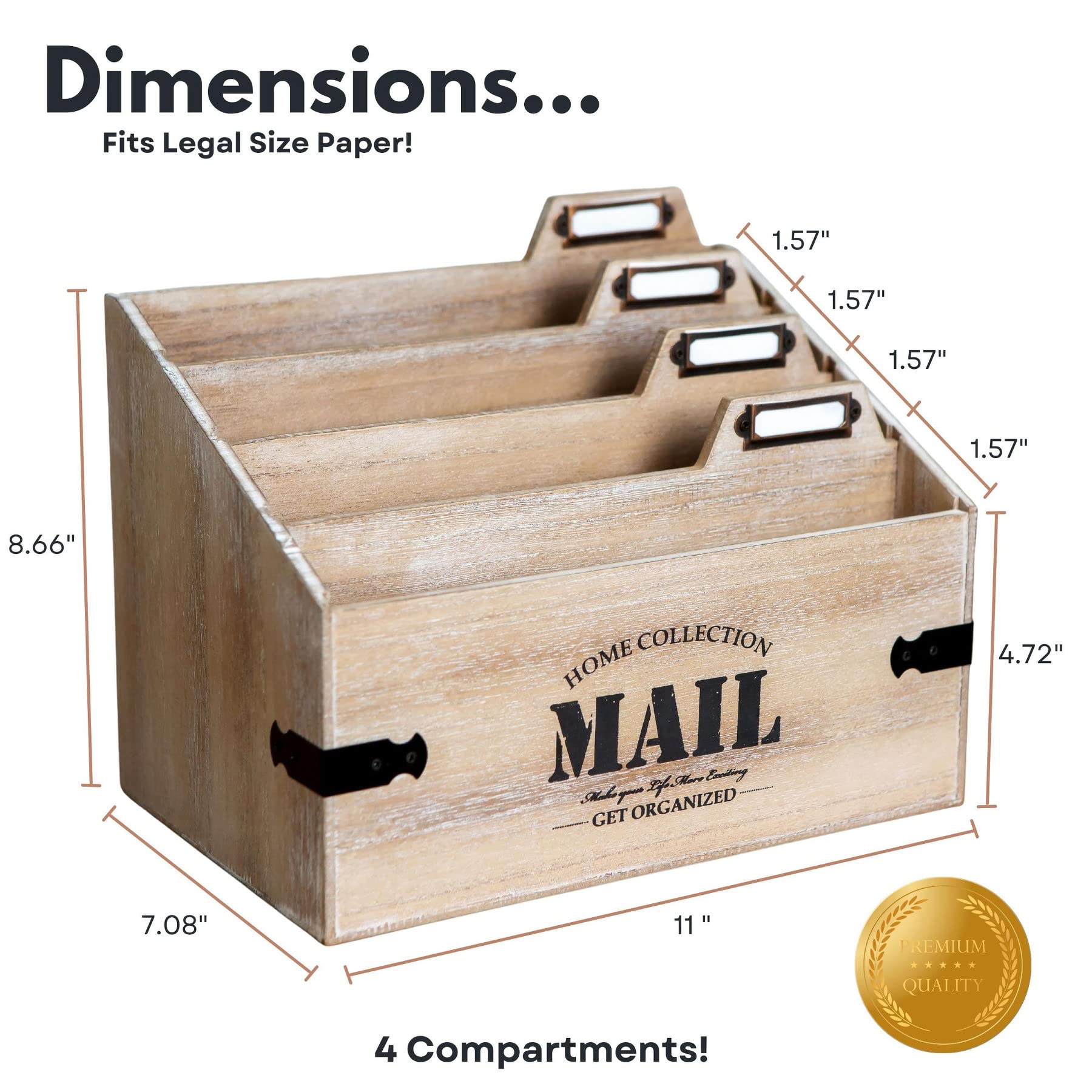 25DOL XXL Wooden Mail Organizer - 7 x 10.8 Inch Desktop File Holder & Letter Sorter - Rustic Office Desk Organizer for Documents, Mail, and Folders - Perfect for Home Office, Workspace, and School Organization