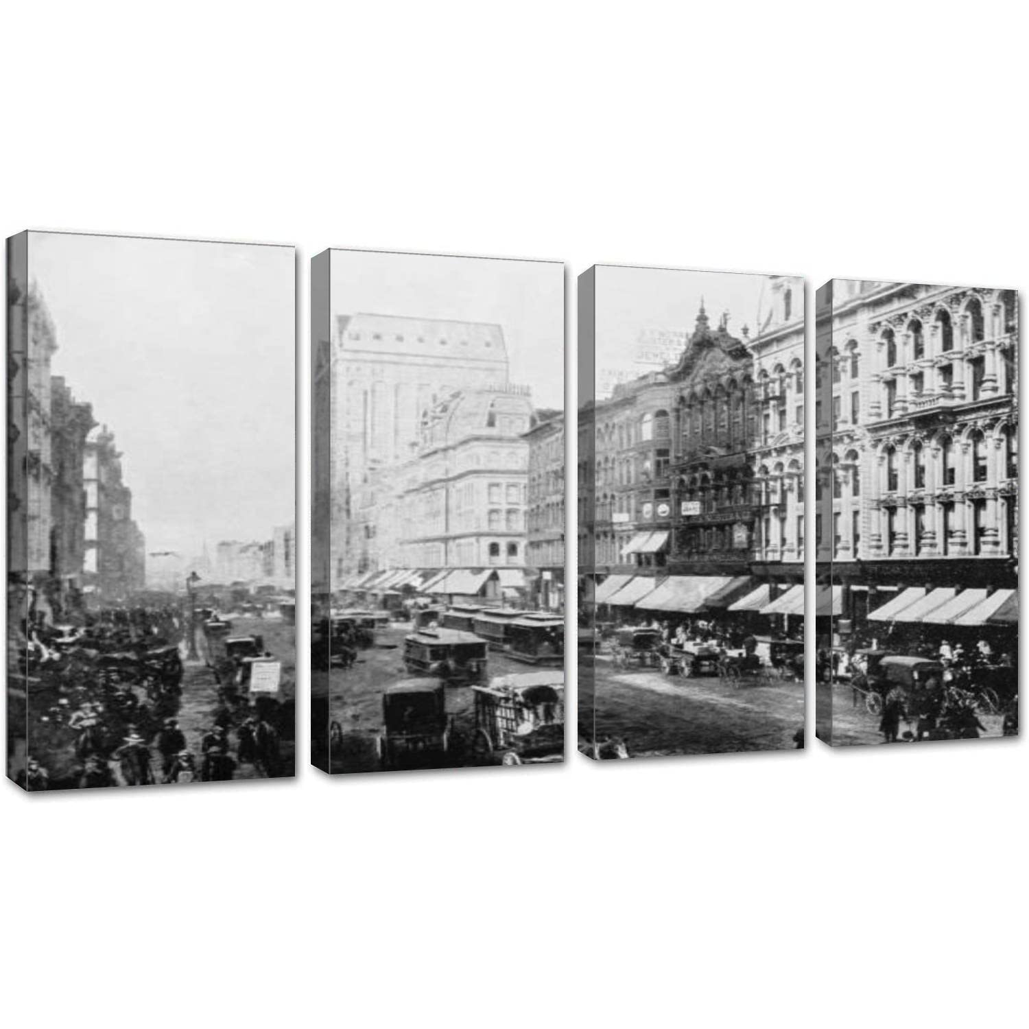 Vintage World Famous Landmarks Wall Art - Chicago Framed Canvas Print, Large 4-Panel Painting for Living Room, Bedroom & Office Decor | Perfect for Home & Office Interior Design