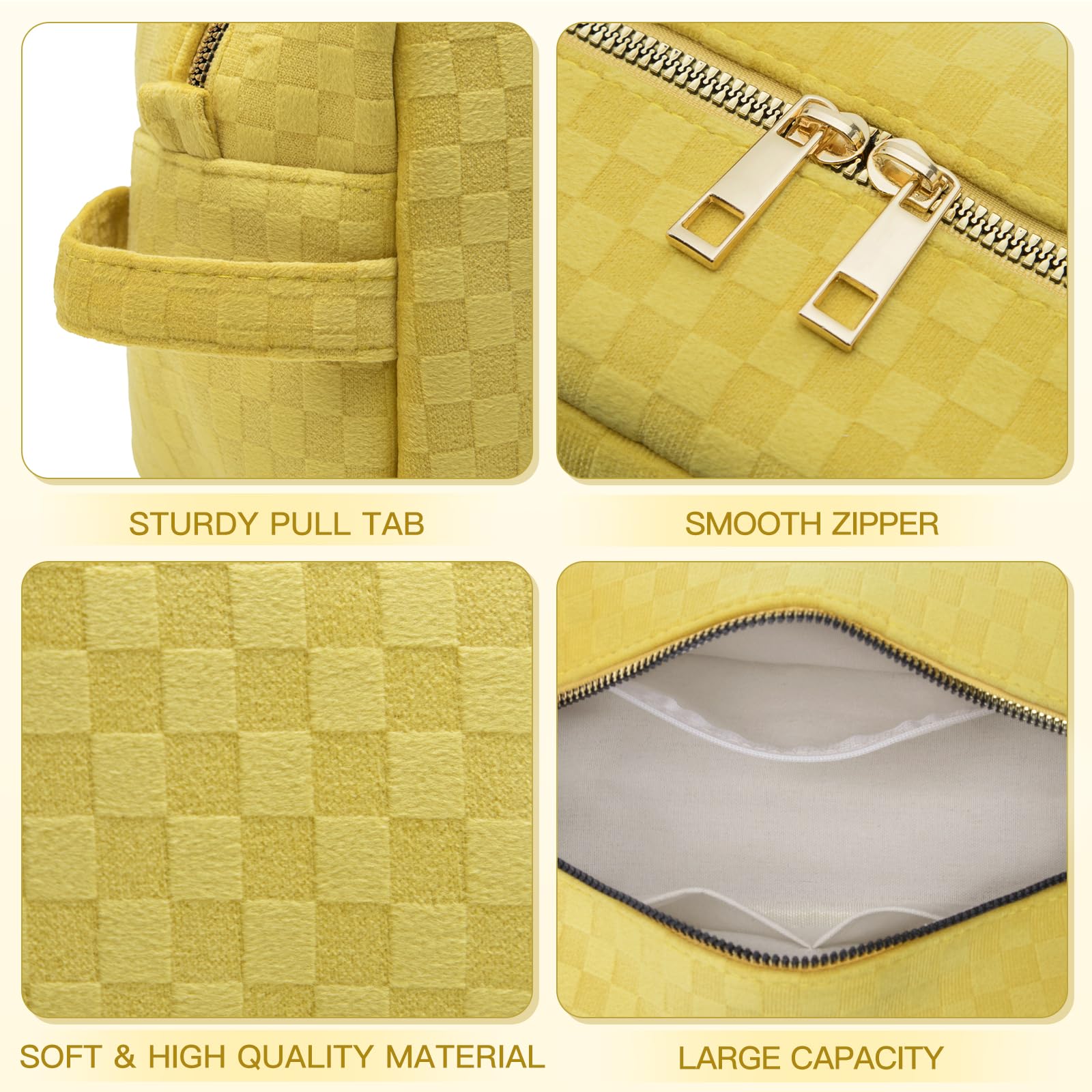 2-Piece Large Checkered Makeup Bag Set - Waterproof Cosmetic Organizer for Women | Travel Toiletry & Makeup Brush Pouch | Perfect for Vacation, Gym, and Daily Use (Yellow)