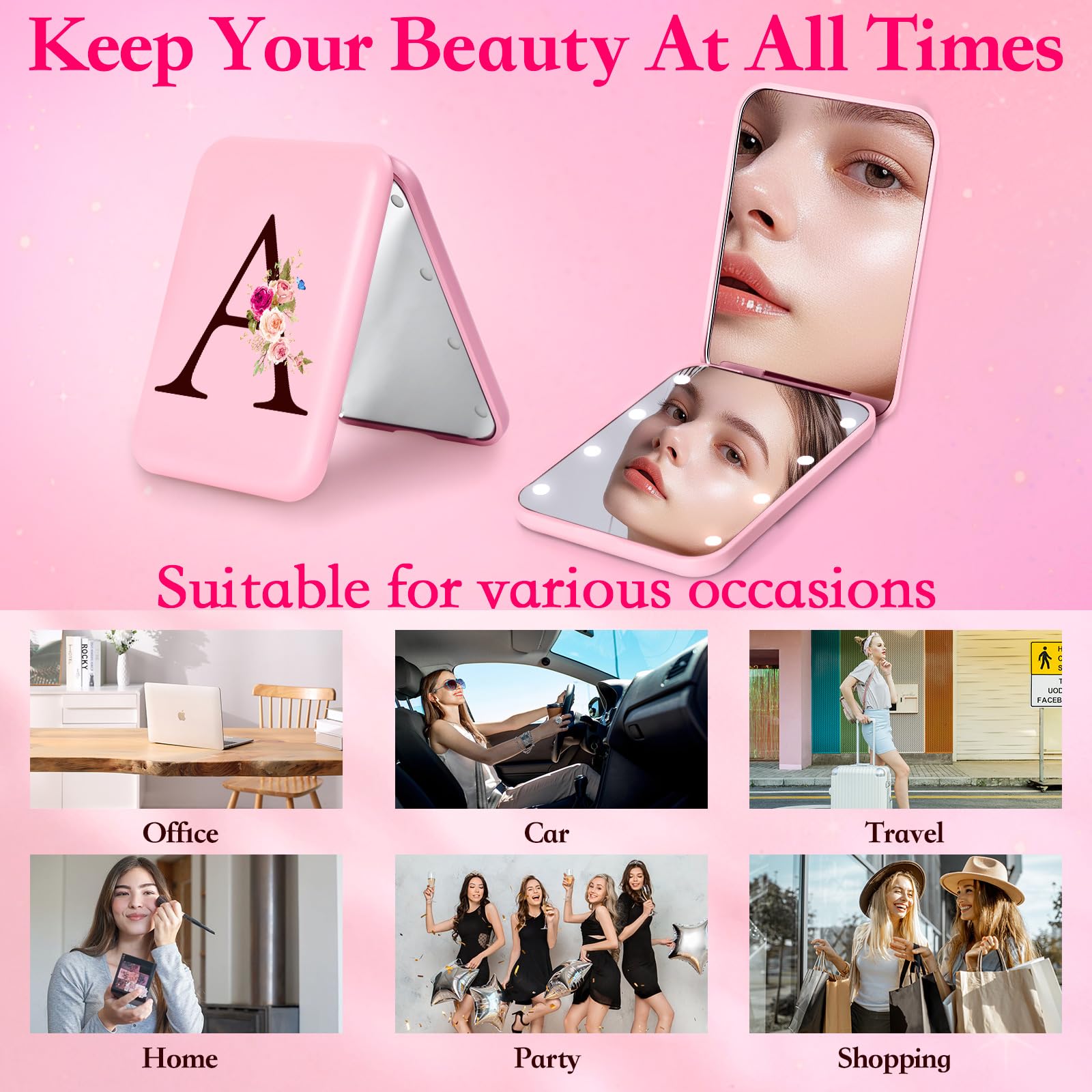 LED Travel Mirror with Lights - Personalized Initials, Portable Compact Makeup Mirror for Women & Teen Girls - Perfect for Travel, Birthday Gifts & School Essentials | Dorm Room, Makeup Vanity & On-the-Go Use
