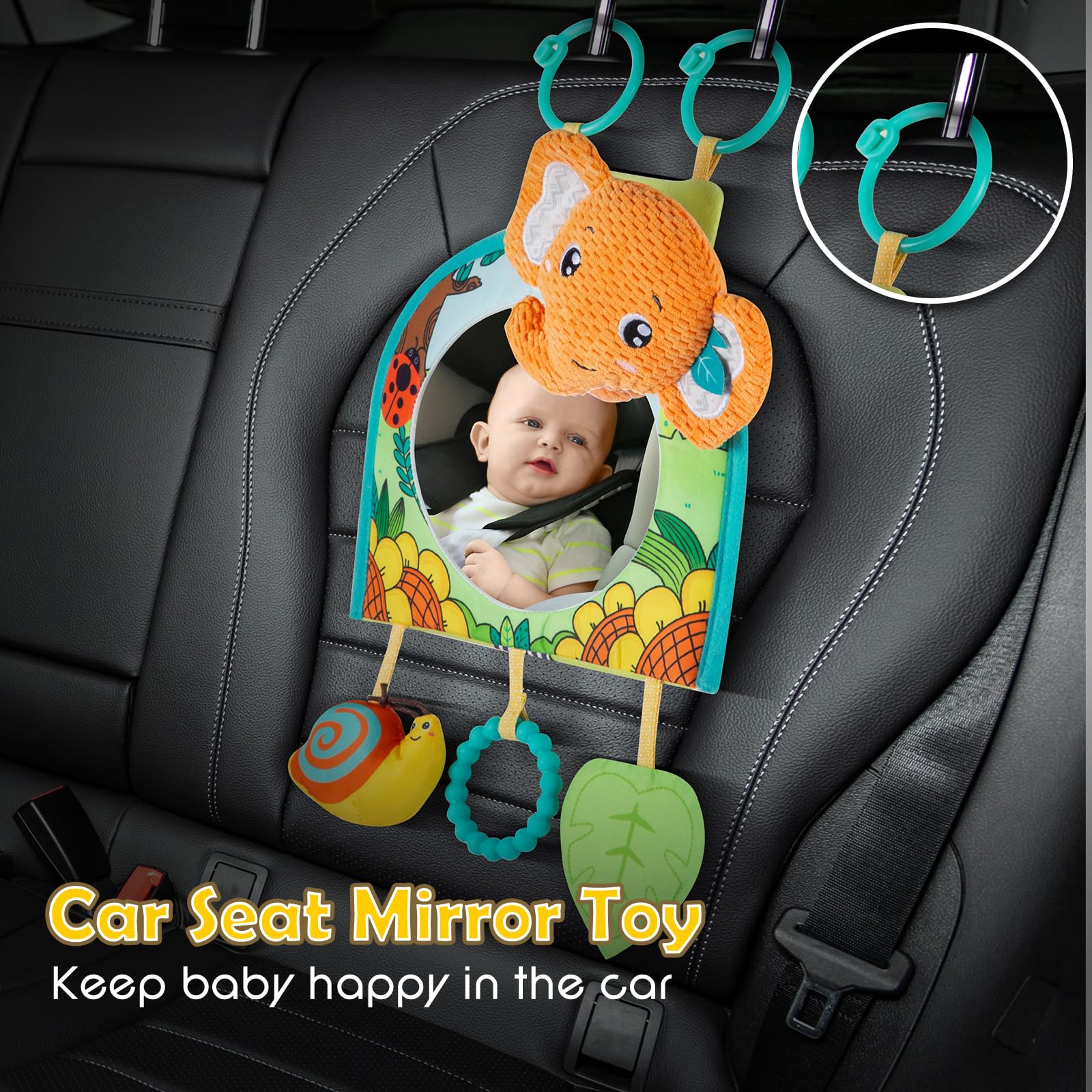 Baby Car Mirror & Toy Set for Rear Facing - Safe Travel Activity Center with Hanging Toys for Infants 0-18 Months - Perfect for Road Trips & Long Car Rides (Gender Neutral Design)