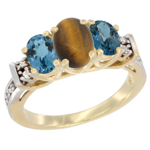 10K Yellow Gold Natural Tiger Eye & London Blue Topaz 3-Stone Ring with Oval Diamond Accents - Elegant Wedding Band, Anniversary Gift for Her, Perfect for Special Occasions
