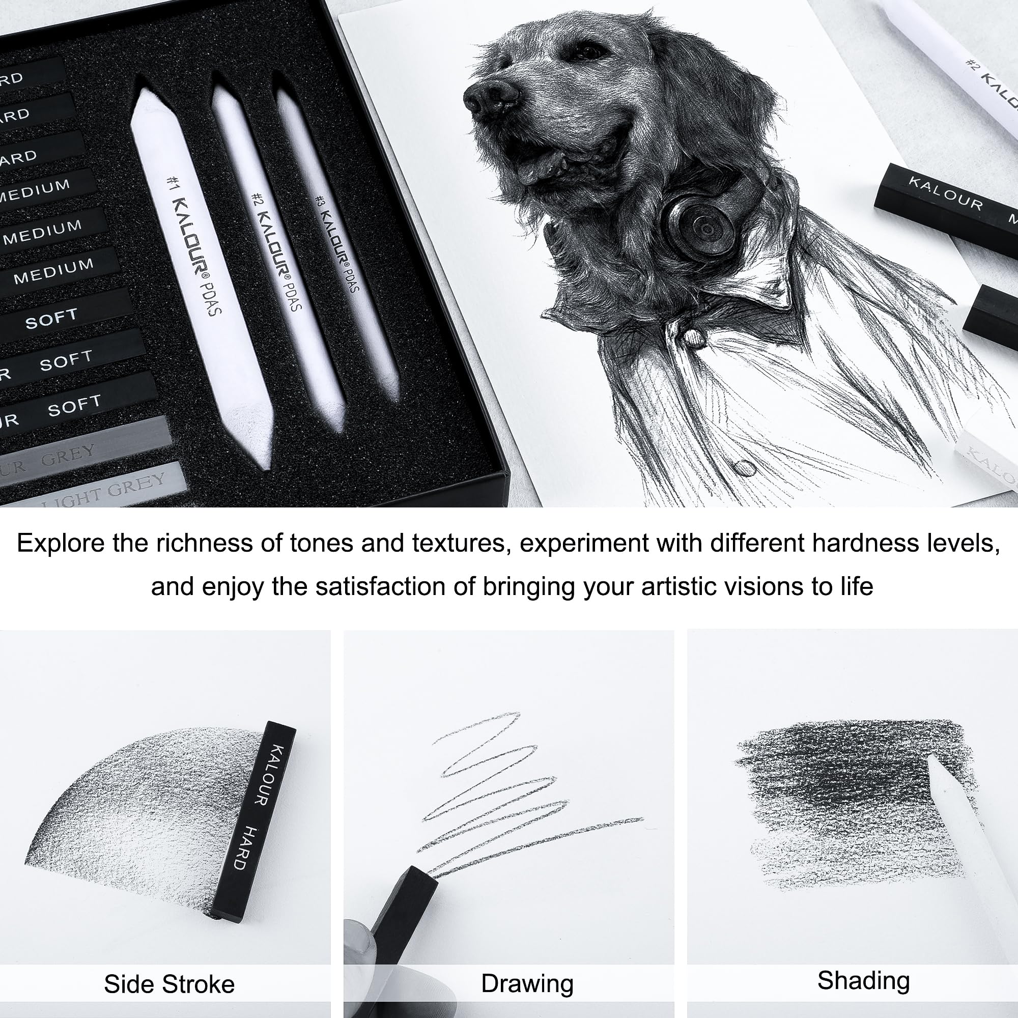 KALOUR 15 Pro Compressed Charcoal Drawing Set with Blending Stumps - Soft/Medium/Hard/White Charcoal Sticks for Sketching, Shading & Art - Perfect for Beginners & Professional Artists - Ideal for Portrait Drawing, Still Life & Figure Sketching