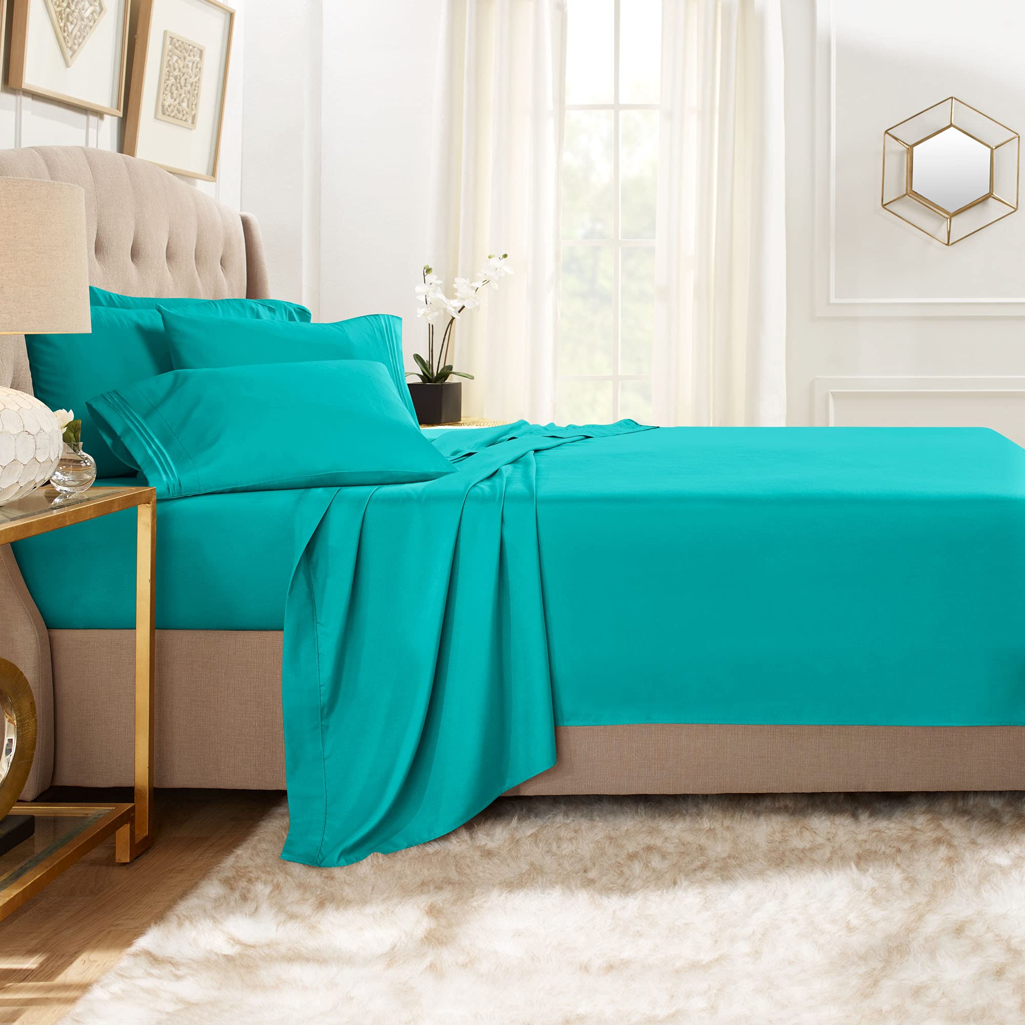 Premium Clara Clark 1800 Series Bed Sheet Set - California King Size, Deep Pocket Fitted Sheet with Extra Pillowcases, Ultra Soft Luxury Bedding in Teal | Perfect for Master Bedrooms, Guest Rooms & Luxury Hotels