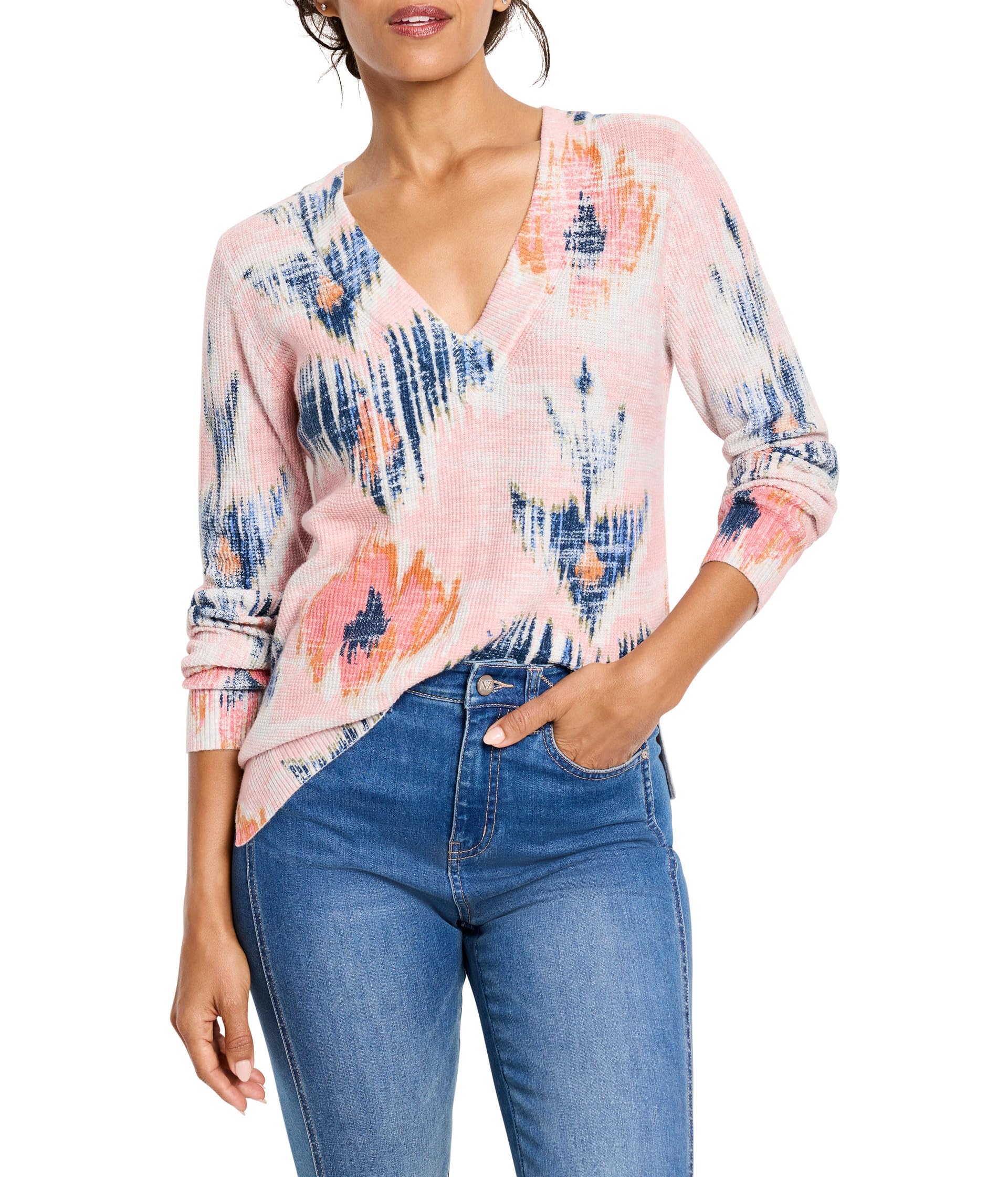 NIC+ZOE Women's Abstract Floral Waffle Stitch V-Neck Sweater - Soft Knit Pullover for Fall & Winter - Perfect for Office, Dates & Casual Outings