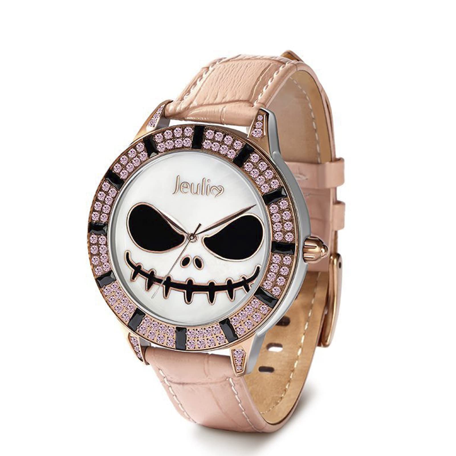 Jeulia Women's Skull Watch with Diamond Accents - Slim Black Leather Strap, Quartz Movement, Stainless Steel Case & Mother-of-Pearl Dial - Unisex Design for Business, Sports & Casual Wear