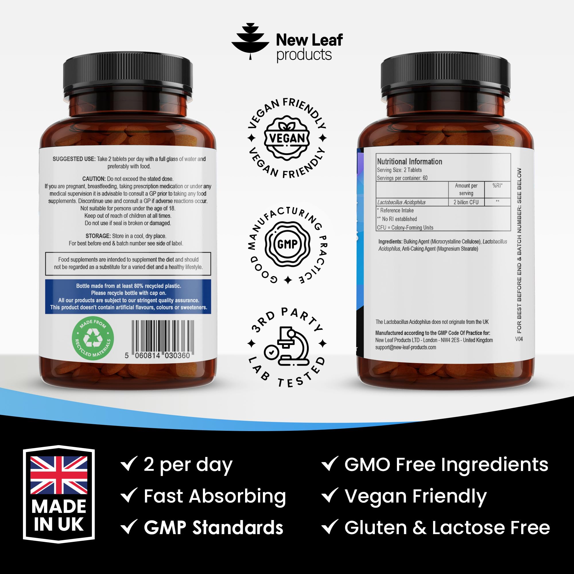 High Strength Acidophilus Probiotic Tablets for Digestive & Gut Health - Vegan, GMO-Free, Gluten-Free, Lactobacillus Probiotic Supplement - UK Made, 120 Tablets | Supports Immune System & Digestive Balance for Daily Wellness