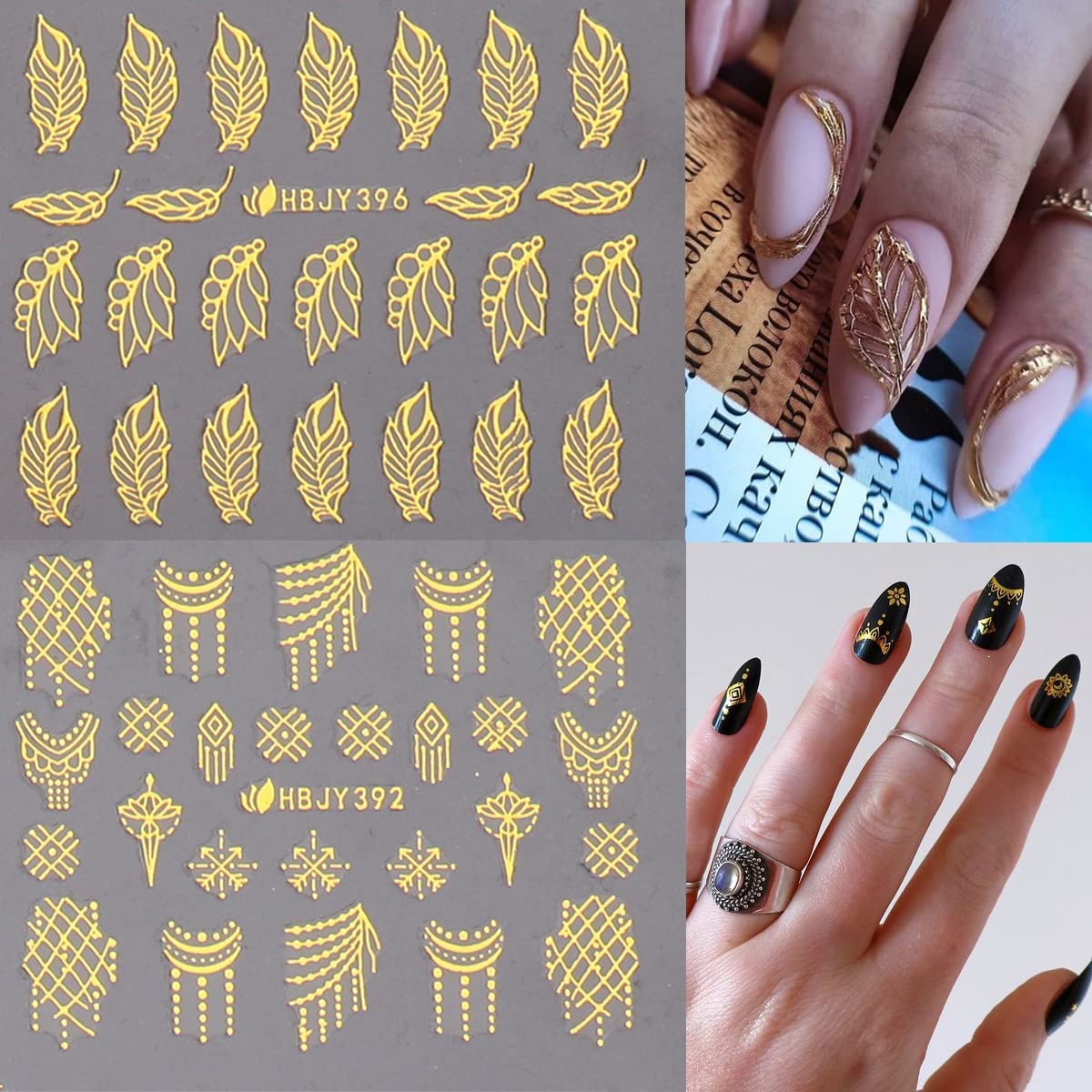 3D Gold Floral Nail Art Stickers - Self Adhesive Nail Decals with Leaves & Flowers for Women & Girls (12 Styles) - Perfect for Parties, Weddings, and Special Occasions