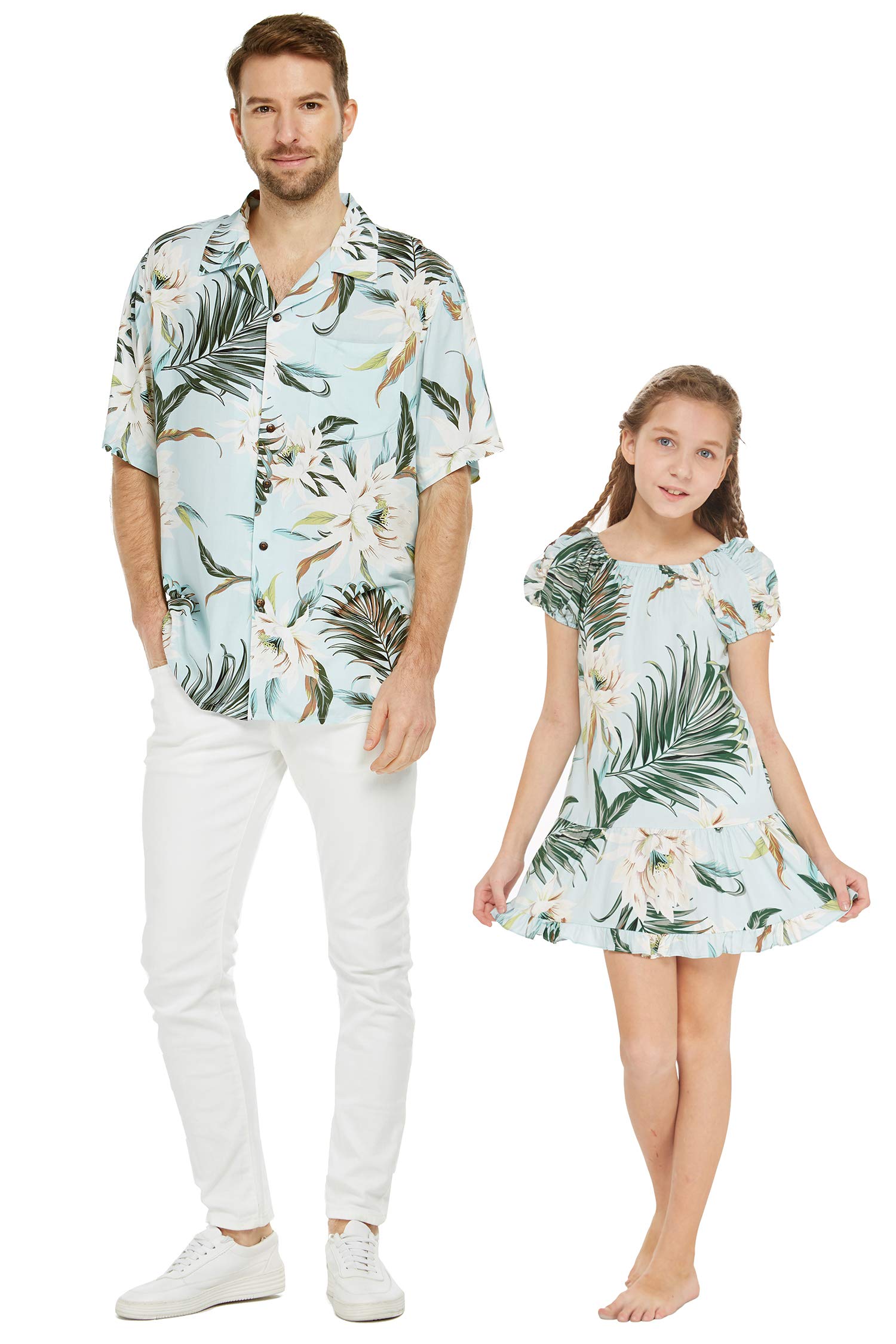 Father Daughter Matching Hawaiian Luau Cruise Shirts & Muumuu Dress Set - Tropical Floral Print Outfits for Family Vacation, Beach Party and Summer Photoshoot