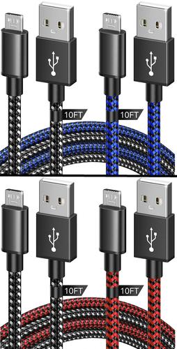 4-Pack Durable Nylon Braided 10ft Micro USB Charging Cable for PS4 Controller - Fast Charging & Data Sync - Perfect for Gaming, Home Entertainment & Office Use