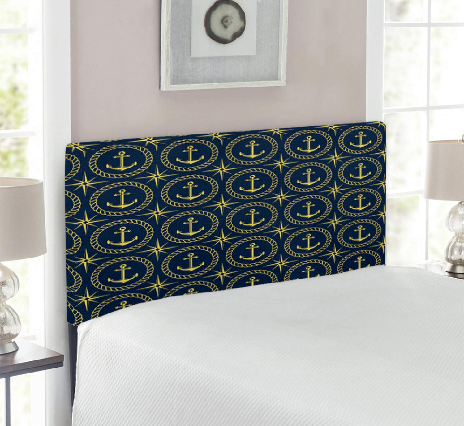 Ambesonne Nautical Anchor Headboard - Abstract Cruise Ship Design with Windrose & Anchor Travel Theme, Upholstered Metal Bed Headboard with Memory Foam, Twin Size in Indigo & Yellow | Perfect for Coastal Bedroom Decor, Cruise Ship Enthusiasts & Nautical Themed Rooms