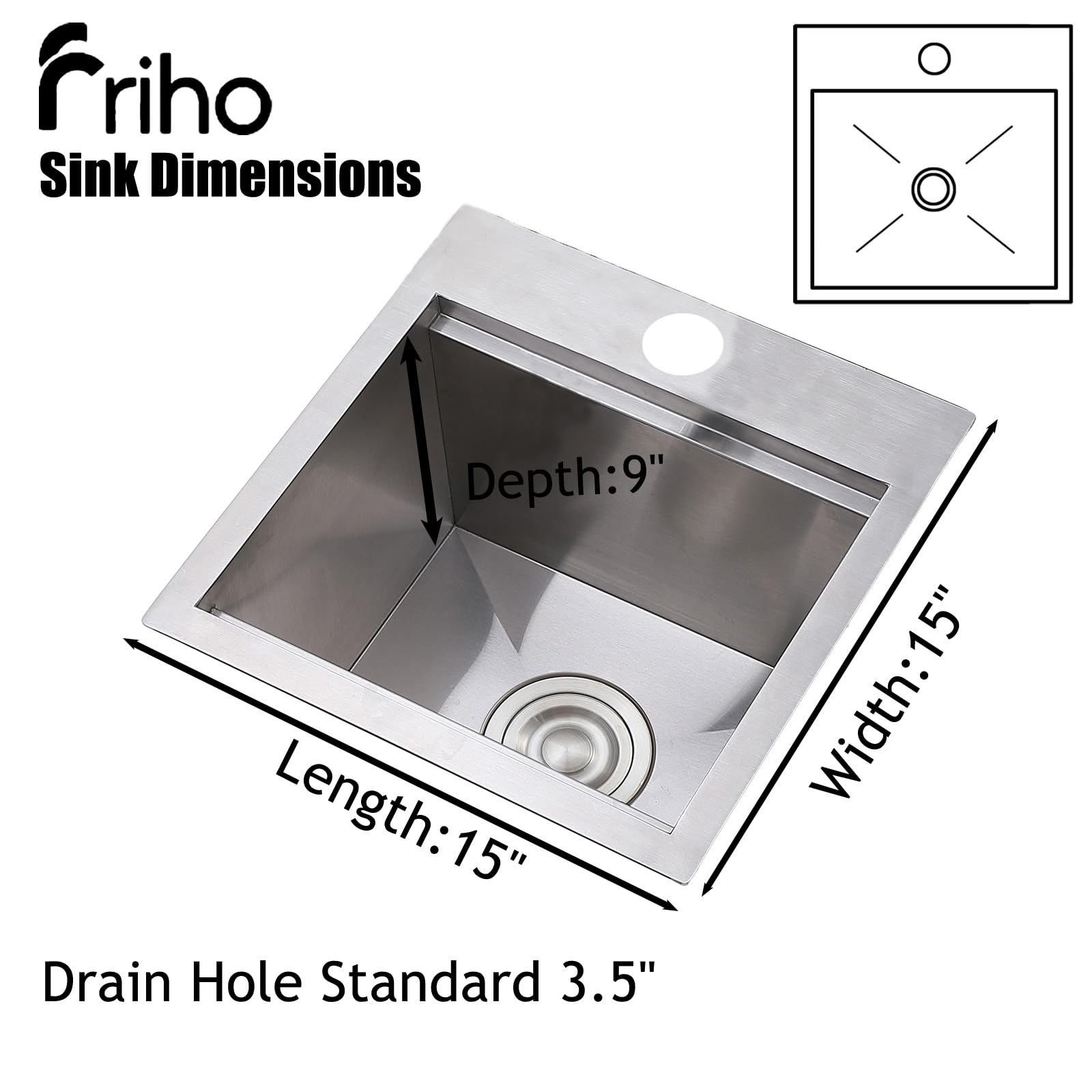 Friho 15 x 15 Inch Stainless Steel Single Bowl Topmount Kitchen Sink - Handmade Bar Prep Sink for Outdoor RV Use with Cutting Board | Perfect for Small Kitchens, Food Prep, and Camping
