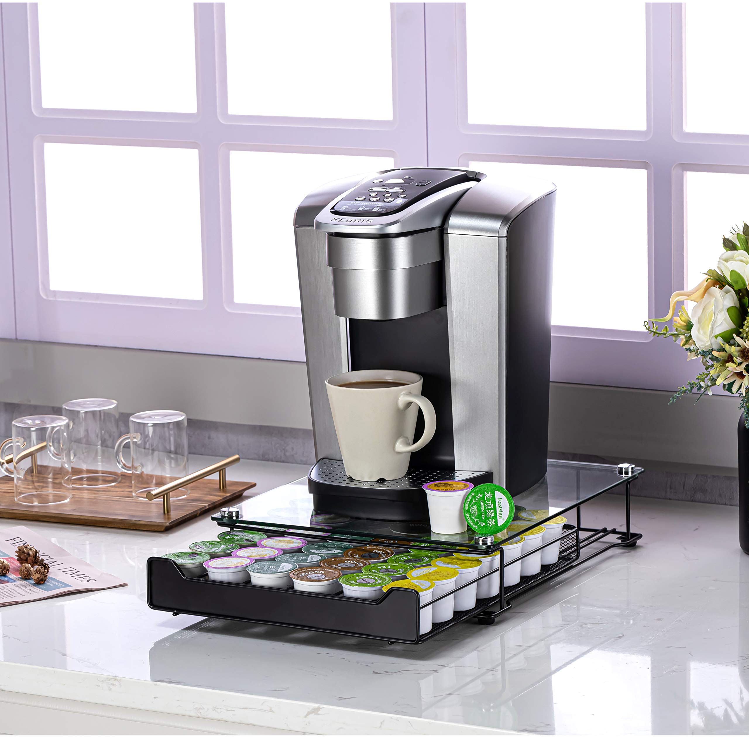 Premium Glass Top K-Cup Storage Organizer - Holds 42 Coffee Pods | Compact Coffee Capsule Drawer for Keurig Machines | Perfect for Kitchen Countertops & Office Coffee Stations