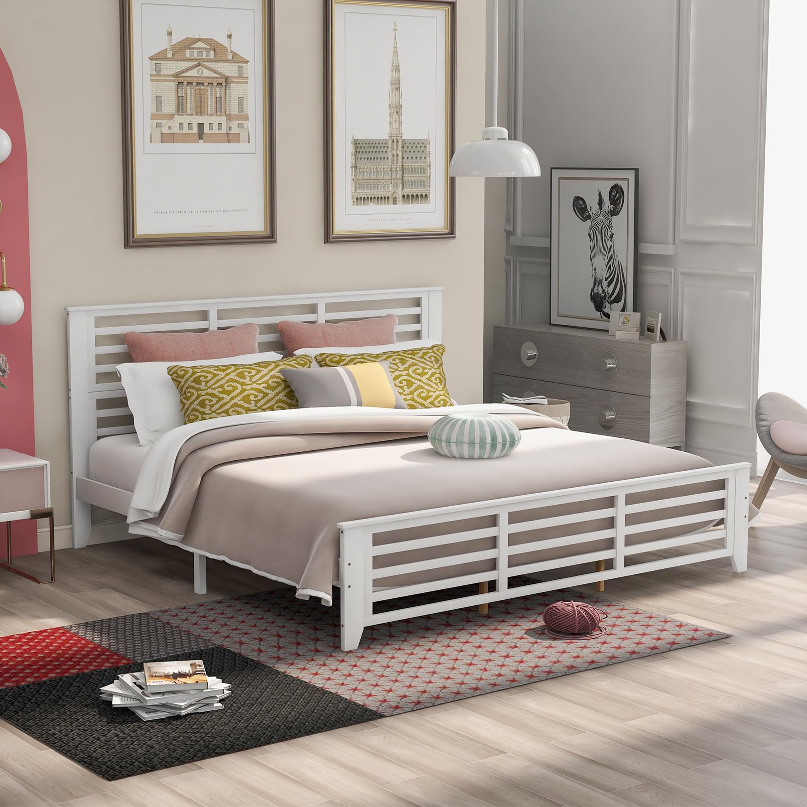 King Size Wooden Platform Bed Frame with Horizontal Strip Hollow Headboard - Solid Wood Slat Support, Modern Country Style Bedroom Furniture for Boys & Girls - Easy Assembly (White) | Perfect for Master Bedrooms, Guest Rooms & Kids' Rooms