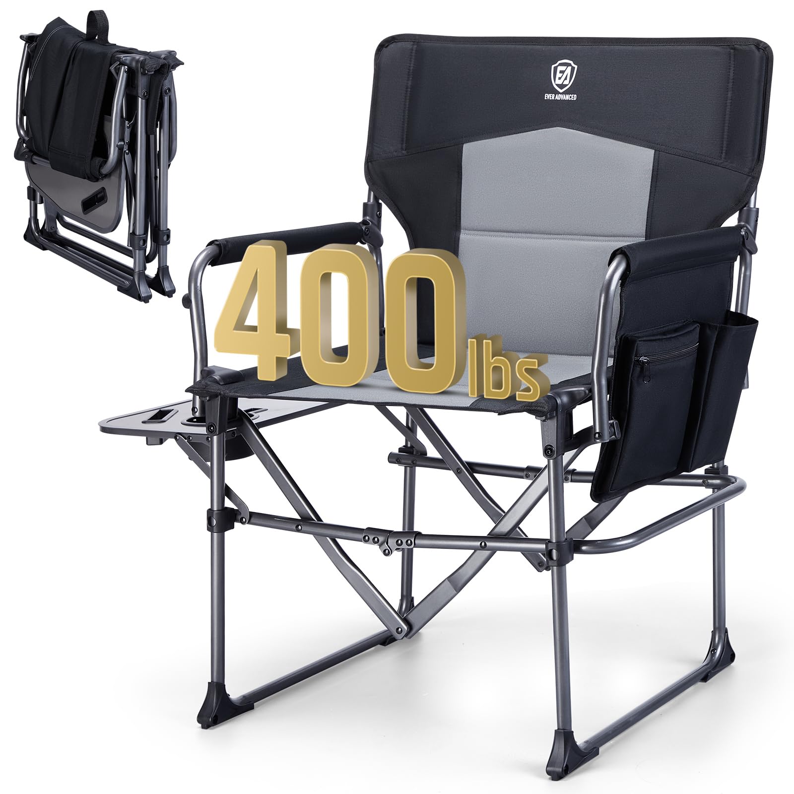 EVER ADVANCED Heavy Duty Folding Camping Chair with Side Table - Portable Compact Lawn Chair for Outdoor Camping, Fishing, Sports & Picnics - 400lbs Capacity Black - Perfect for Backyard, Beach & Tailgating