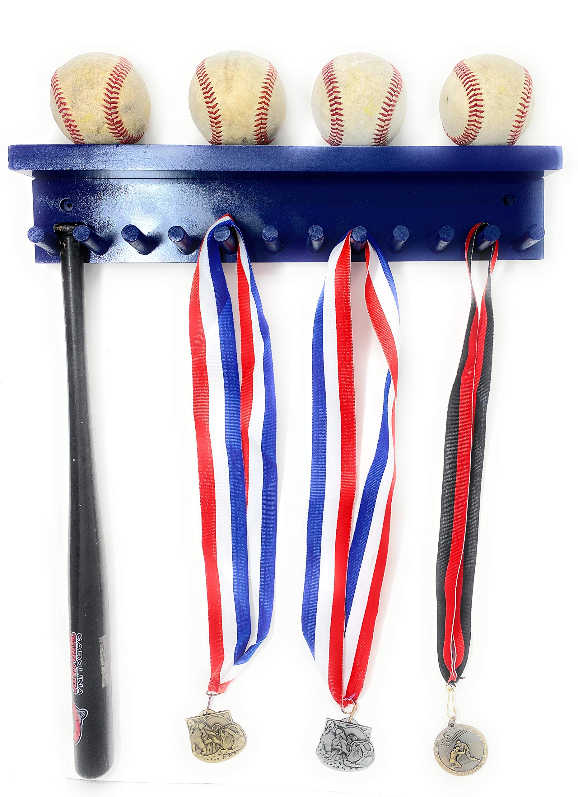 Premium Wooden Award Medal Display Rack & Trophy Wall Shelf - Holds 11 Mini Bats & 4 Baseballs - Perfect for Sports Memorabilia, Trophy Room Decor, and Baseball Fan Collections
