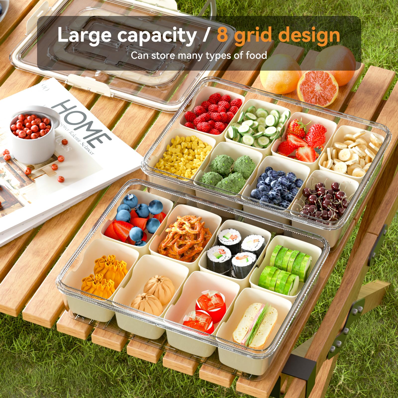 Dimber Snackle Box Container with Lid & Handle - 8 Fruit Forks & 2 Spoons Included - Divided Serving Tray with Cutlery Organizer - Perfect for Sports Events, Picnics, Office Snacks, Candy, Fruits & Salad Bar (1-Pack) - Portable Food Storage Solution for On-the-Go Meals
