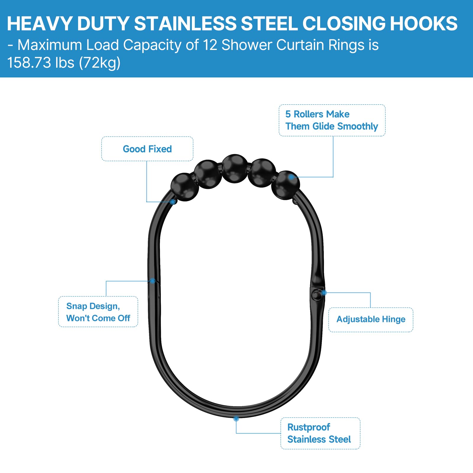 12PCS Stainless Steel Shower Curtain Hooks - Rust Proof Heavy Duty Bathroom Curtain Rings with Smooth Glide Rollers (Black, Set of 12) - Perfect for Bathroom, Hotel & Spa Decor