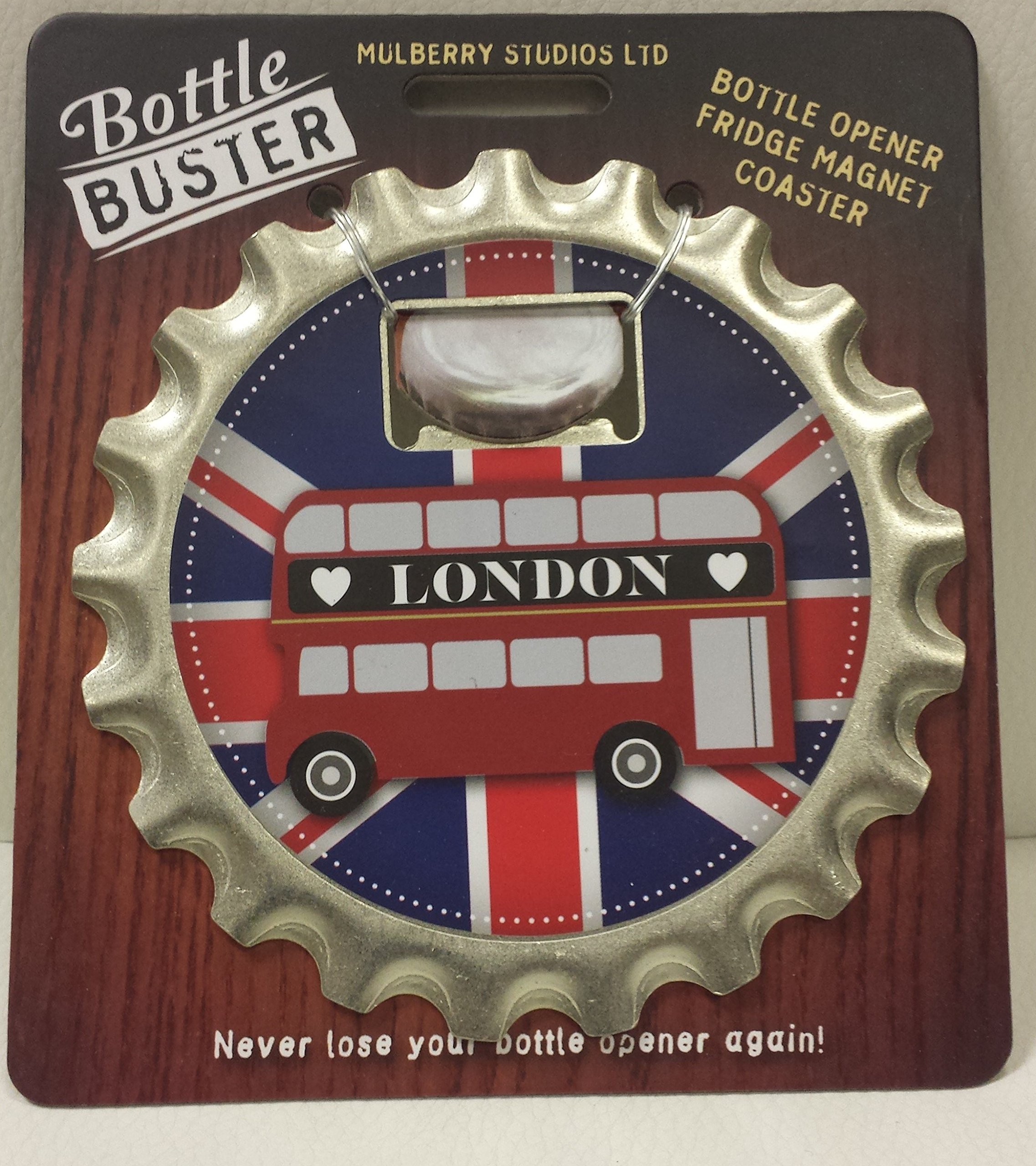British Flag Beer Bottle Opener with Fridge Magnet & Cap Coaster - Union Jack Design, Perfect for Men's Stocking Filler, London Bus Theme - Great for Pubs, Home Bars, and British-Themed Parties