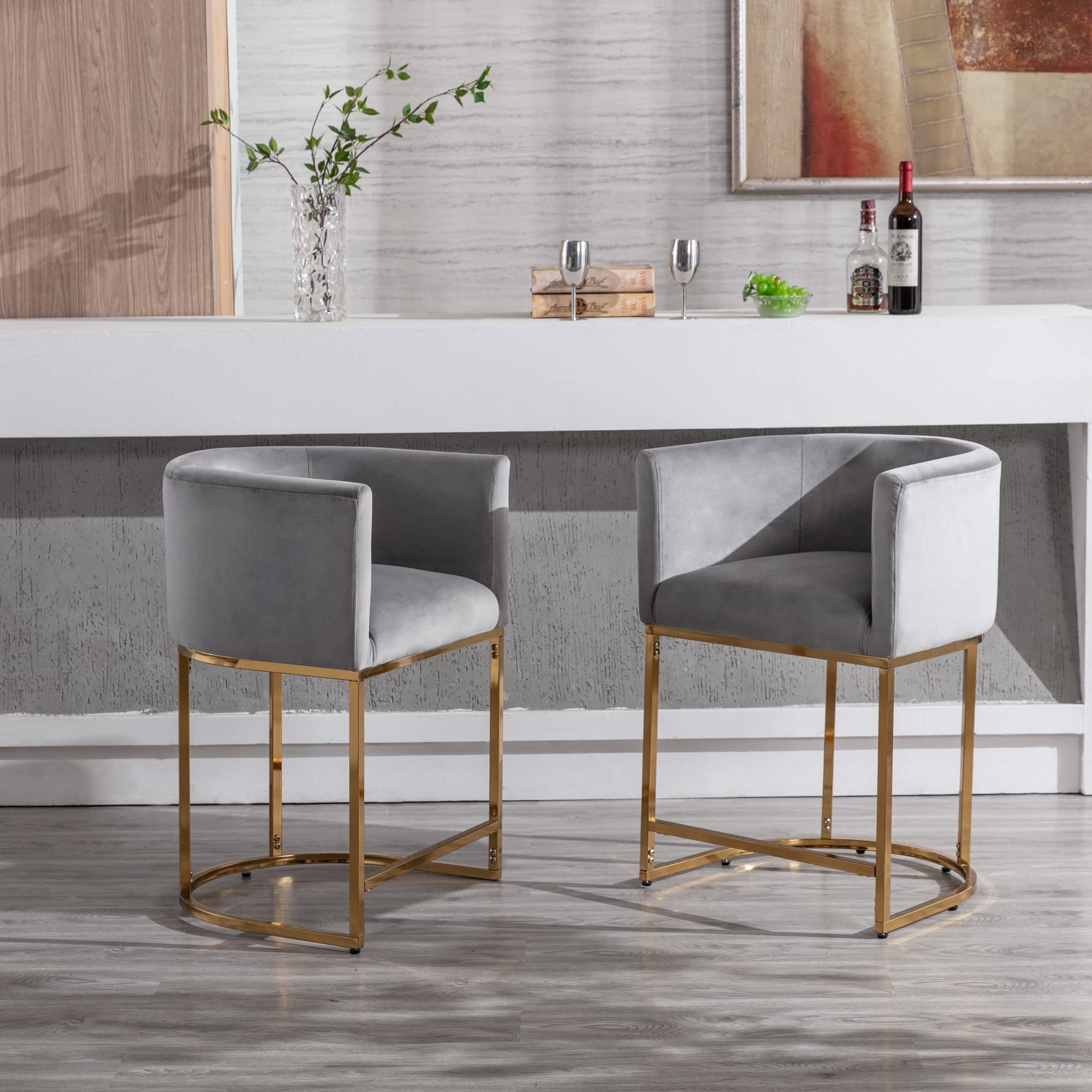 Modern Velvet Upholstered Bar Stools Set of 2 - 24 Inch Counter Height Kitchen Island Stools with Gold Metal Frame - Gray Bar Chairs for Dining Room, Kitchen Counter, Breakfast Nook & Home Decor
