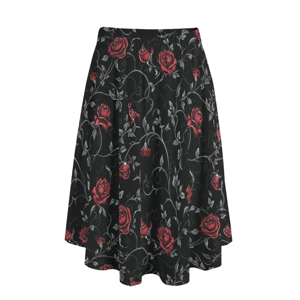 Gothic Red Roses Long Maxi Skirt With Pockets - Elegant Floral Print A-Line Skirt for Women, Vintage Gothic Fashion, Perfect for Parties, Weddings & Date Nights